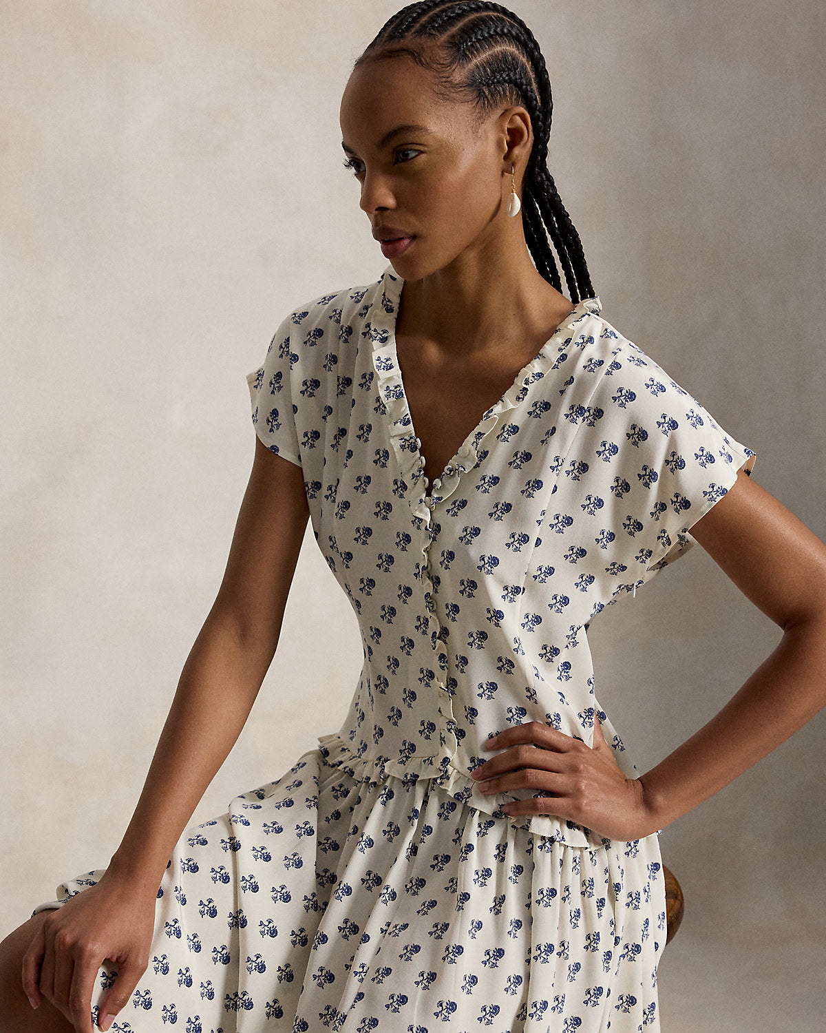 Ruffle-Trim Floral Silk Dress