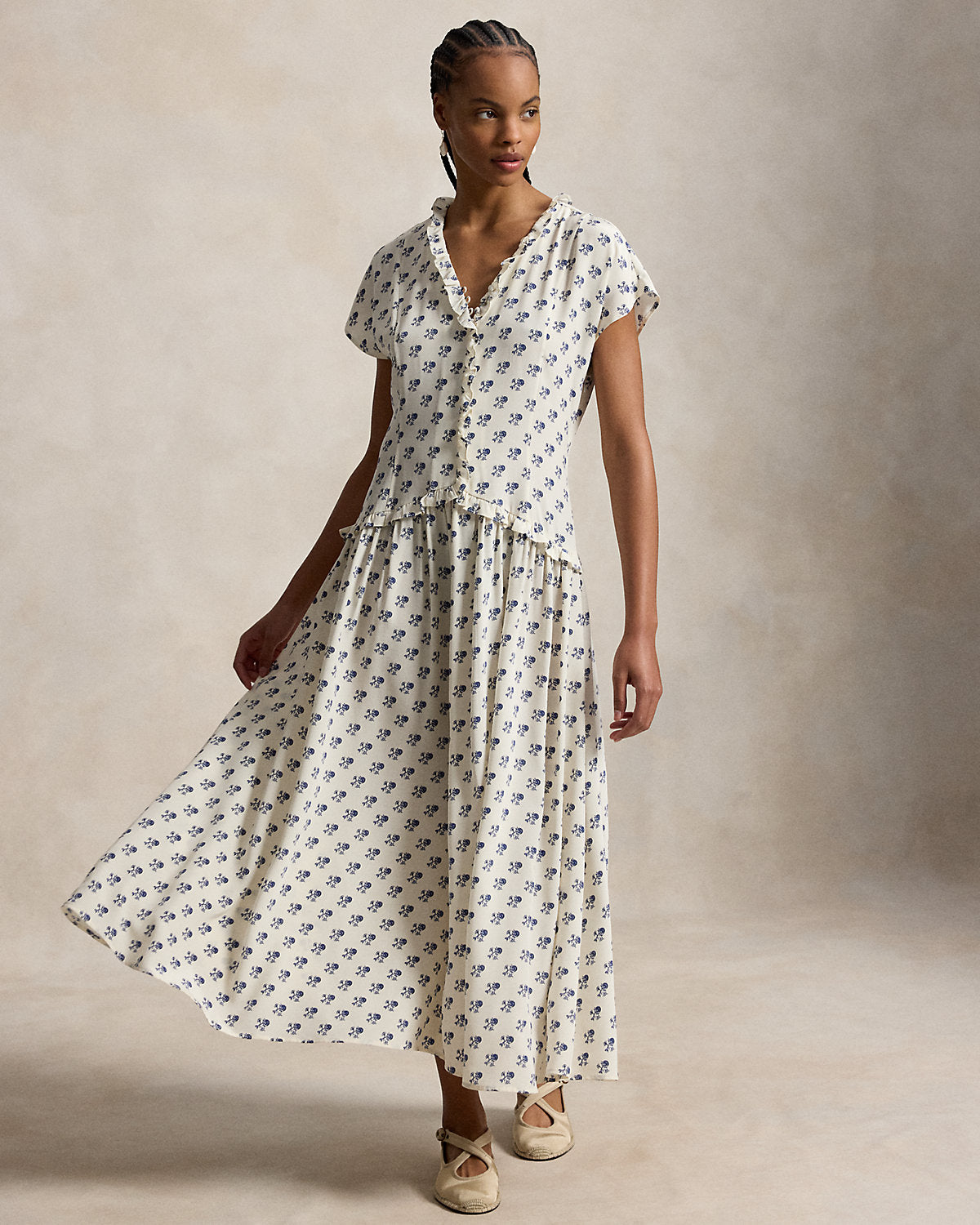 Ruffle-Trim Floral Silk Dress