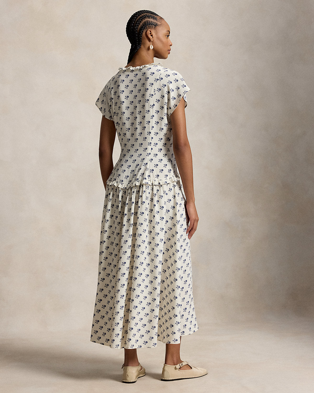 Ruffle-Trim Floral Silk Dress