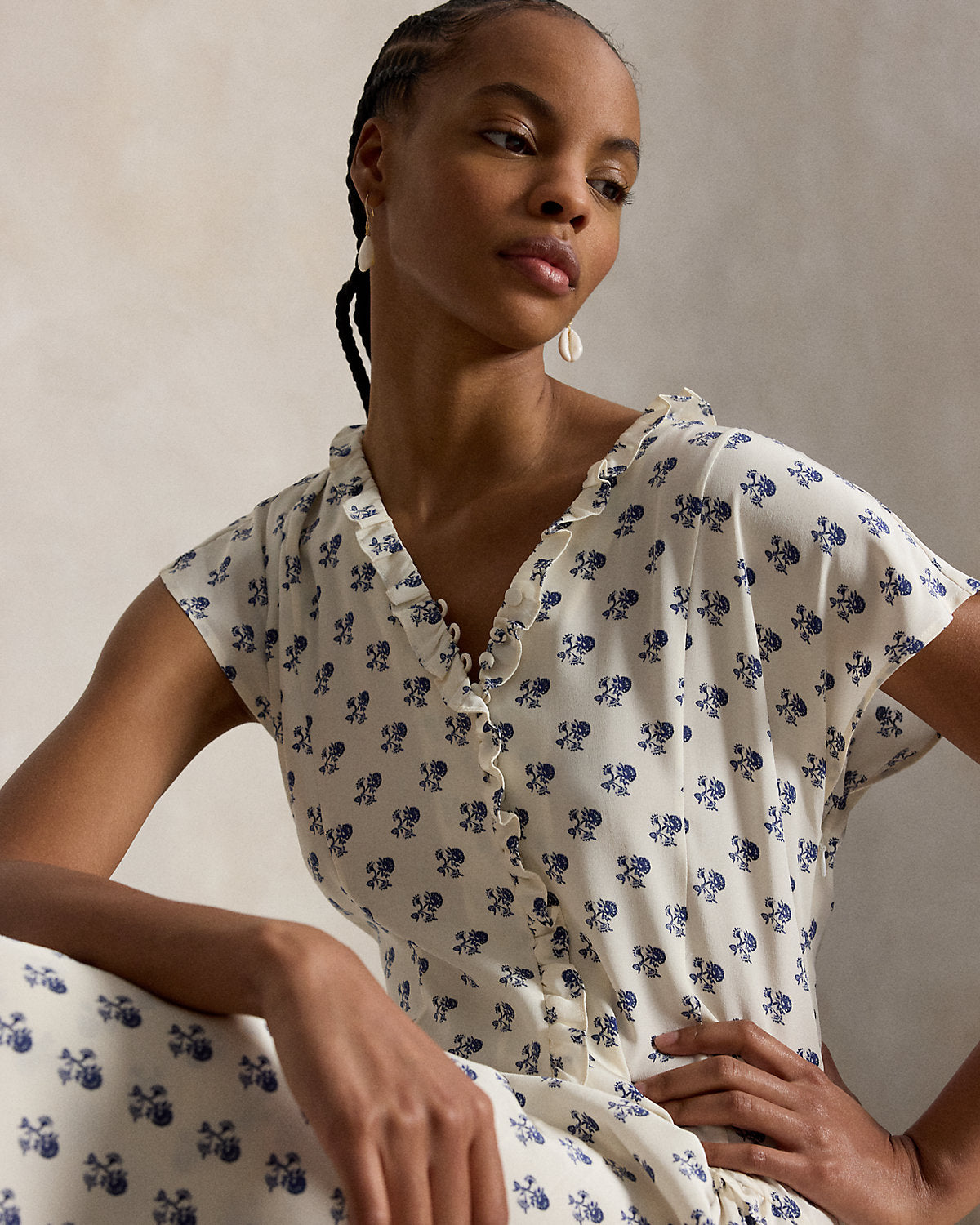 Ruffle-Trim Floral Silk Dress