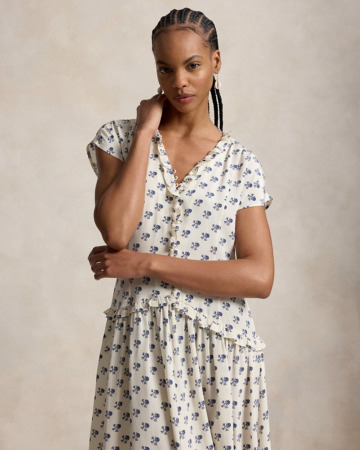Ruffle-Trim Floral Silk Dress