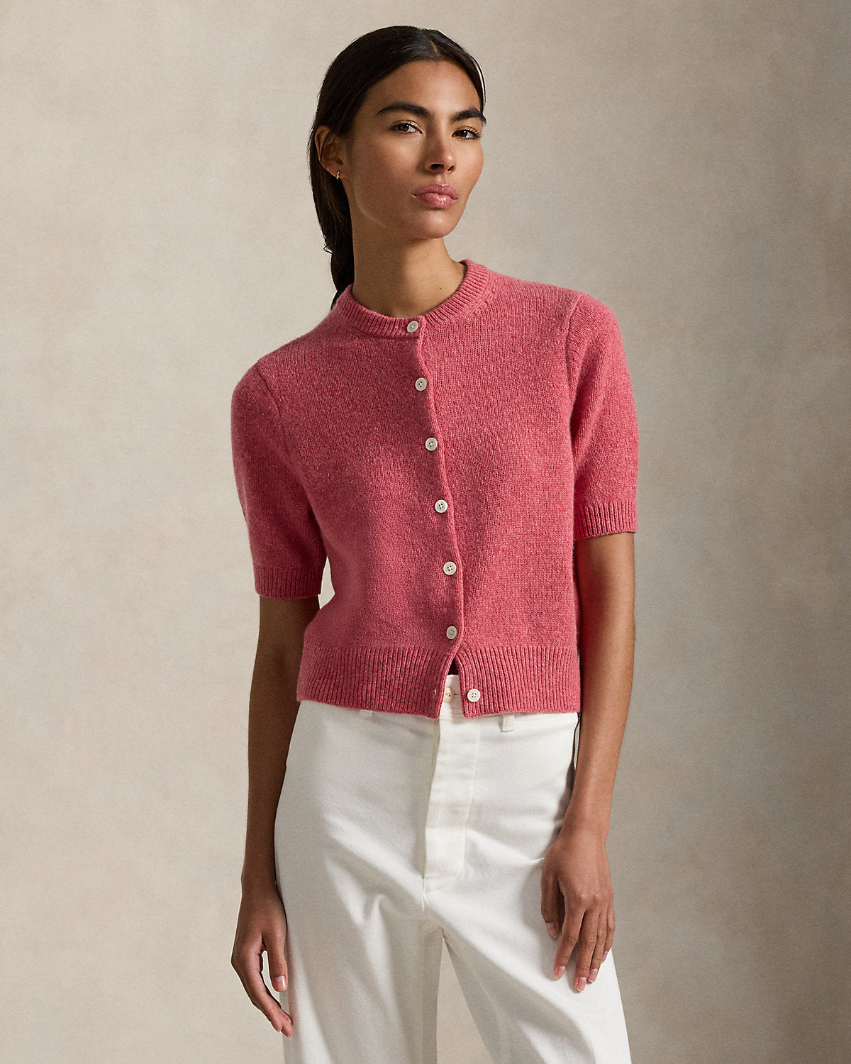 Cashmere Crewneck Short-Sleeve Cardigan