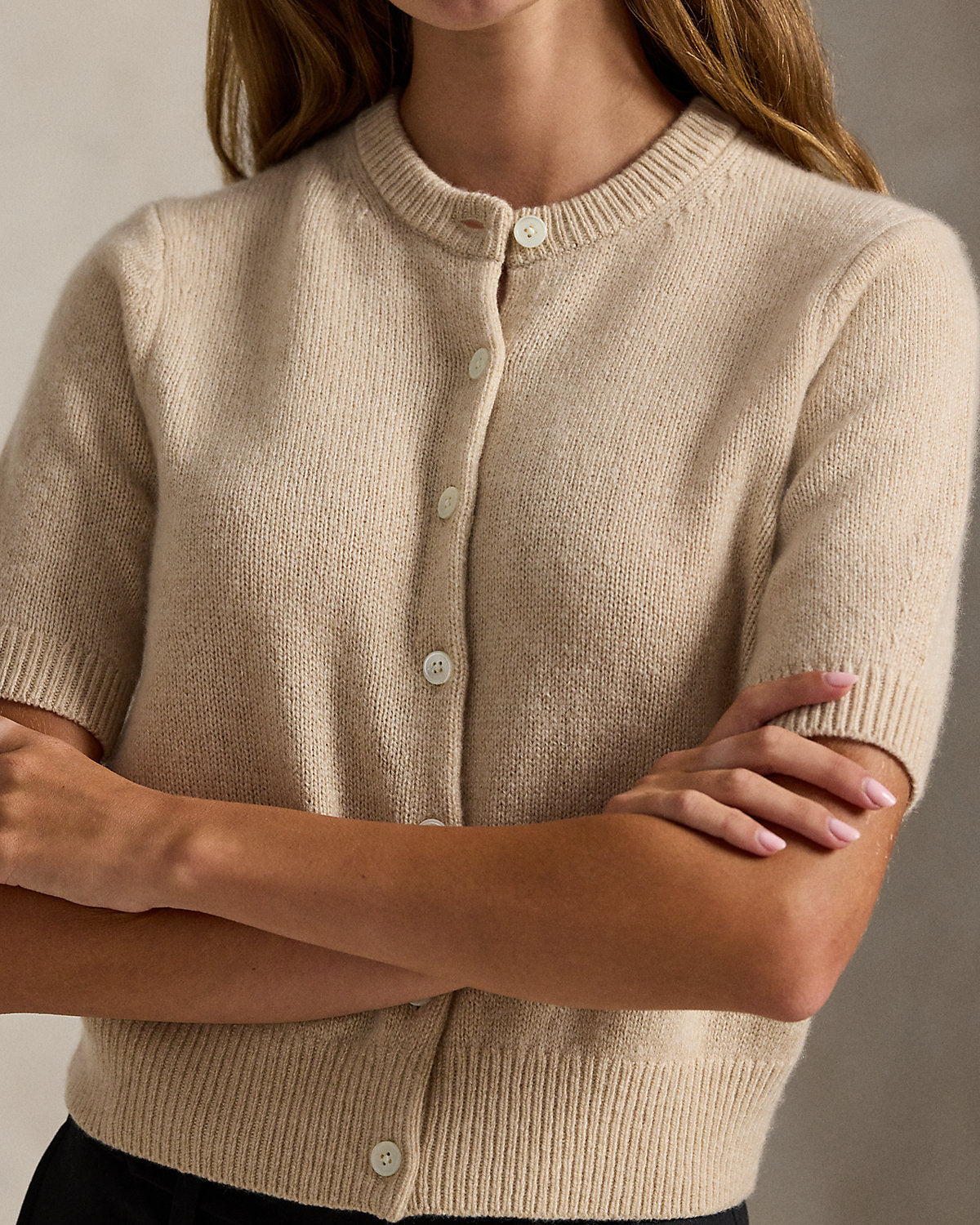 Cashmere Crewneck Short-Sleeve Cardigan