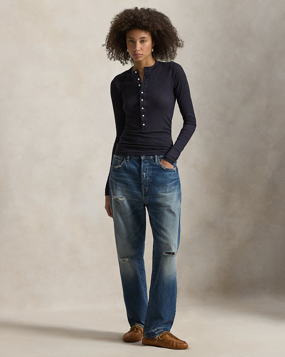 Ribbed Crepe Henley Shirt
