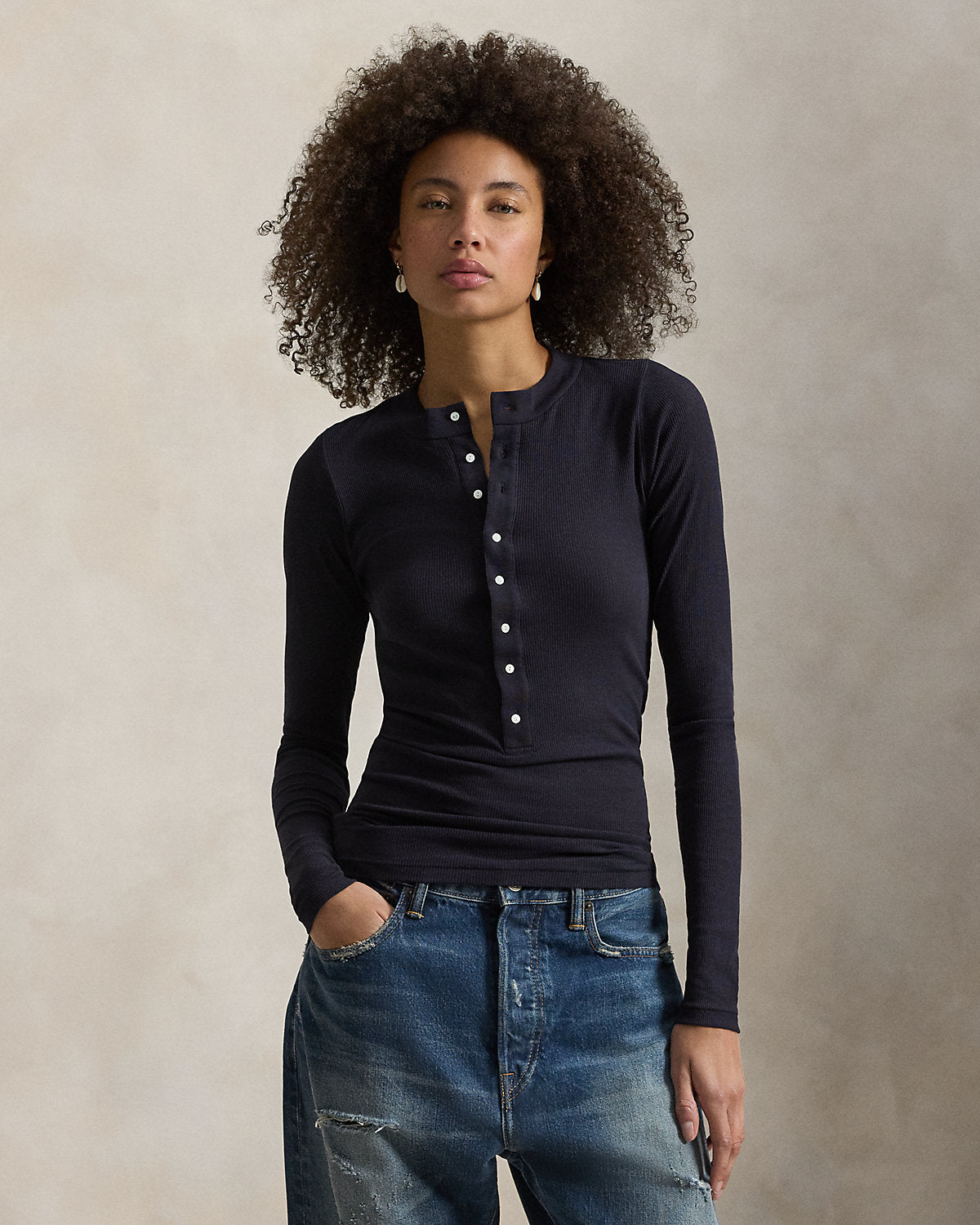 Ribbed Crepe Henley Shirt