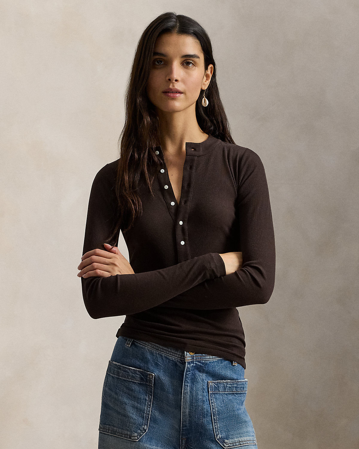 Ribbed Crepe Henley Shirt