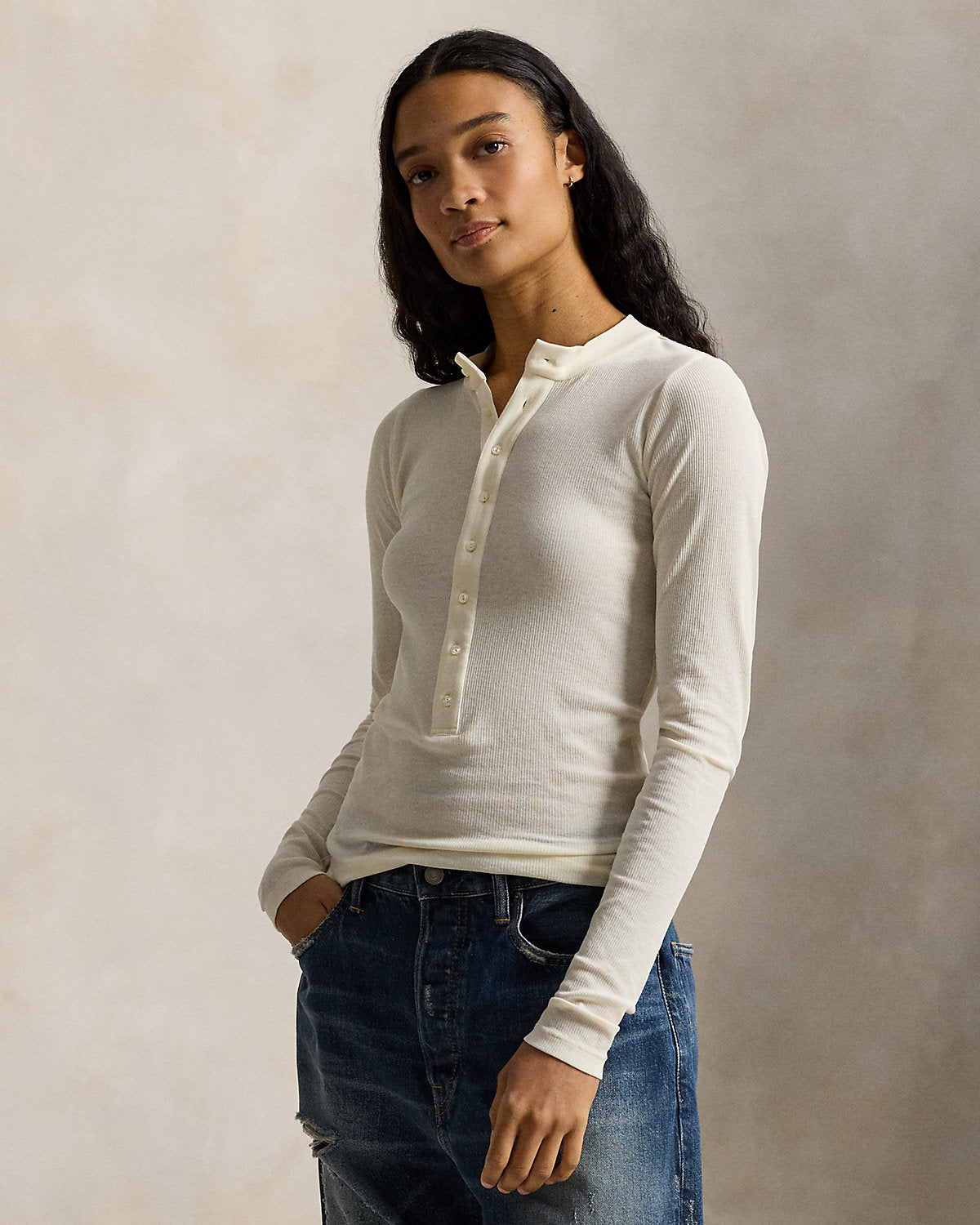 Ribbed Crepe Henley Shirt