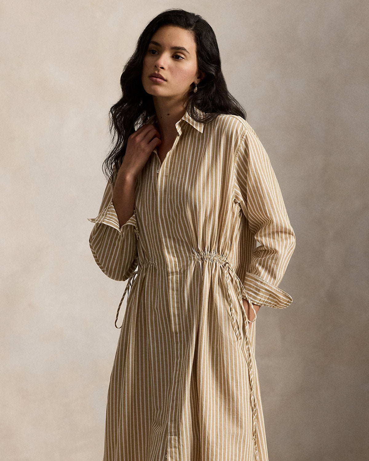 Striped Cotton-Linen Drawcord Shirtdress
