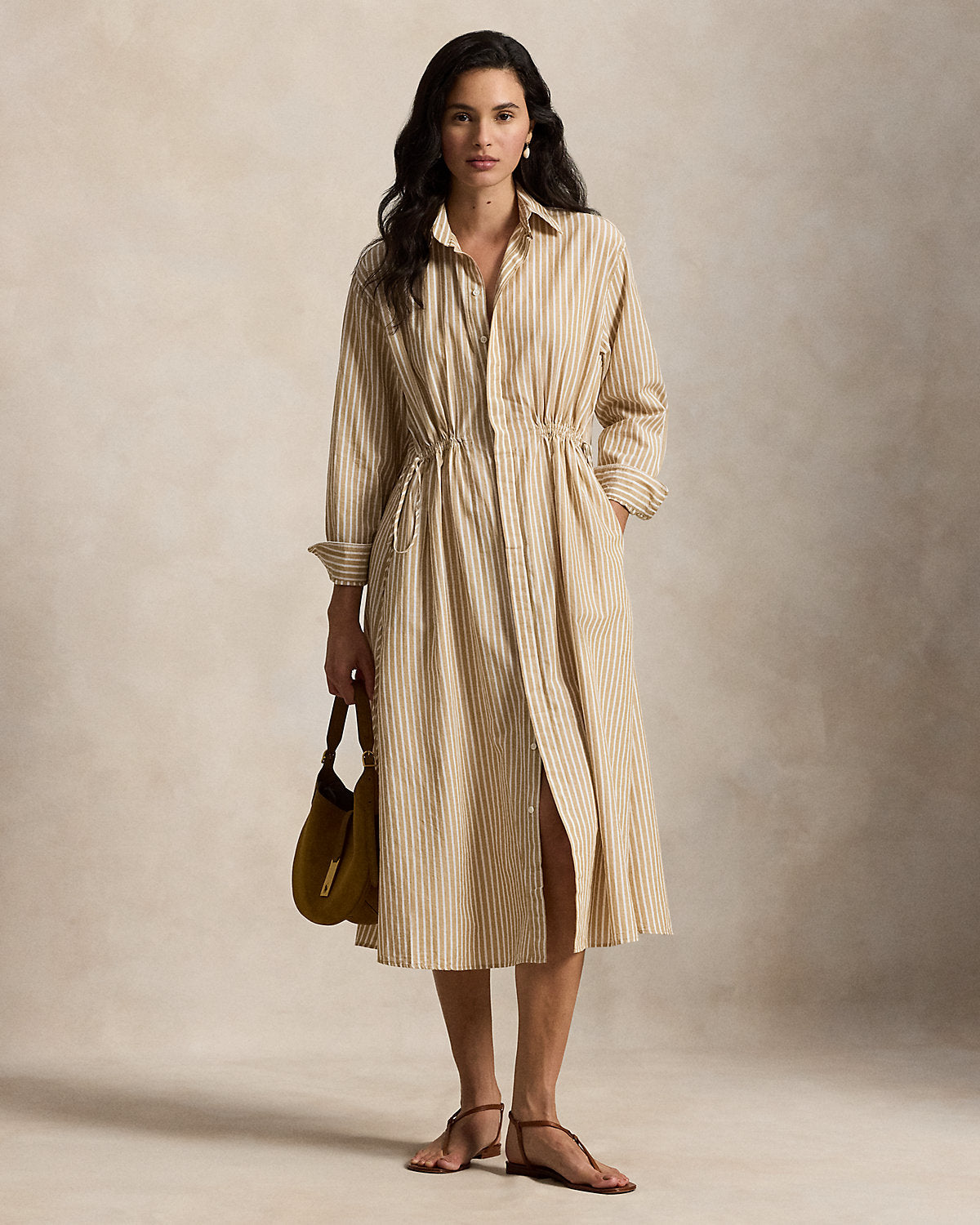 Striped Cotton-Linen Drawcord Shirtdress