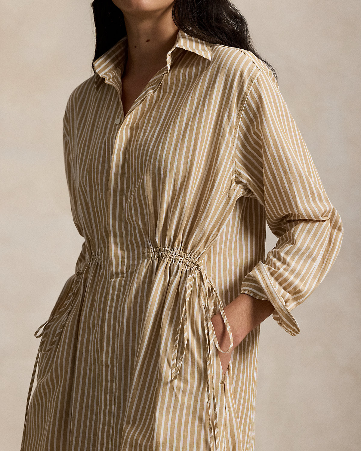 Striped Cotton-Linen Drawcord Shirtdress