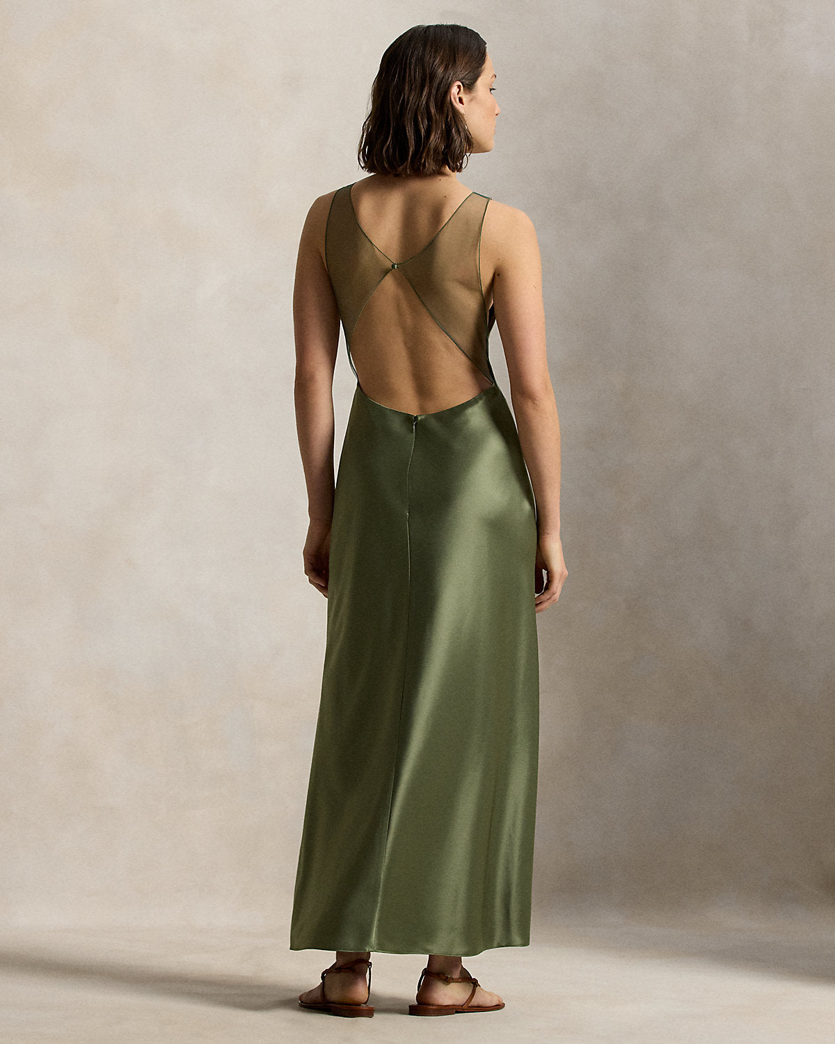Sheer-Panel Satin Dress