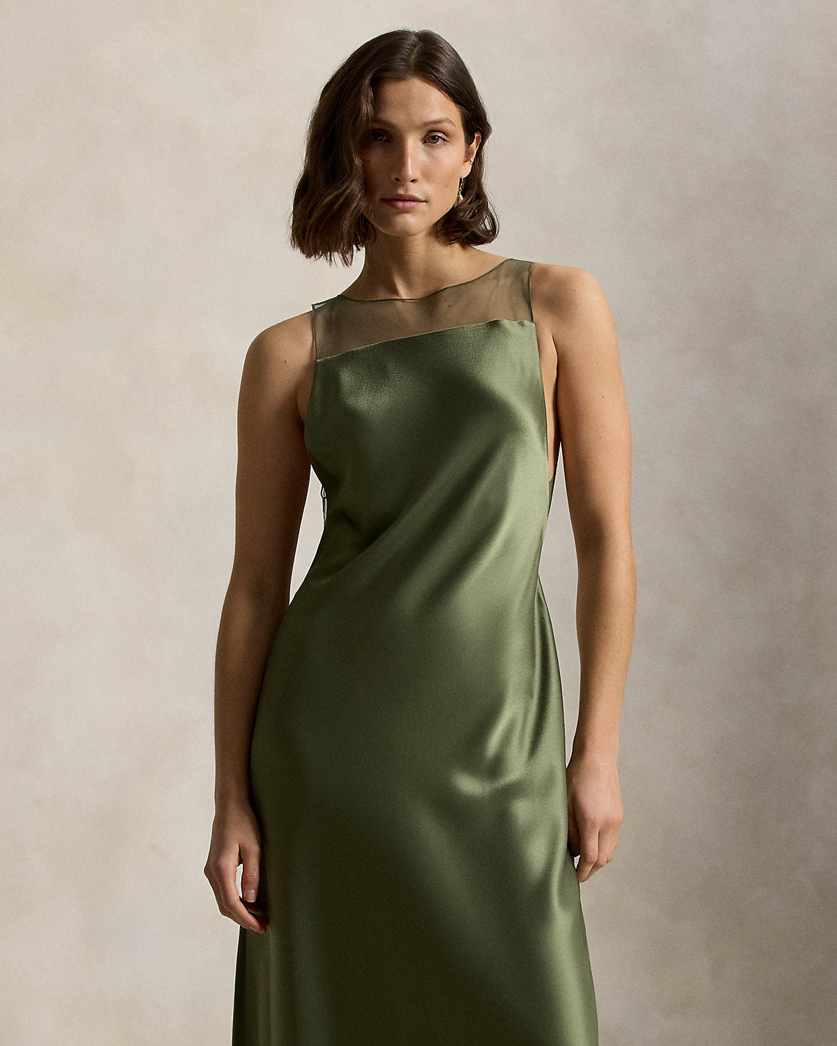 Sheer-Panel Satin Dress