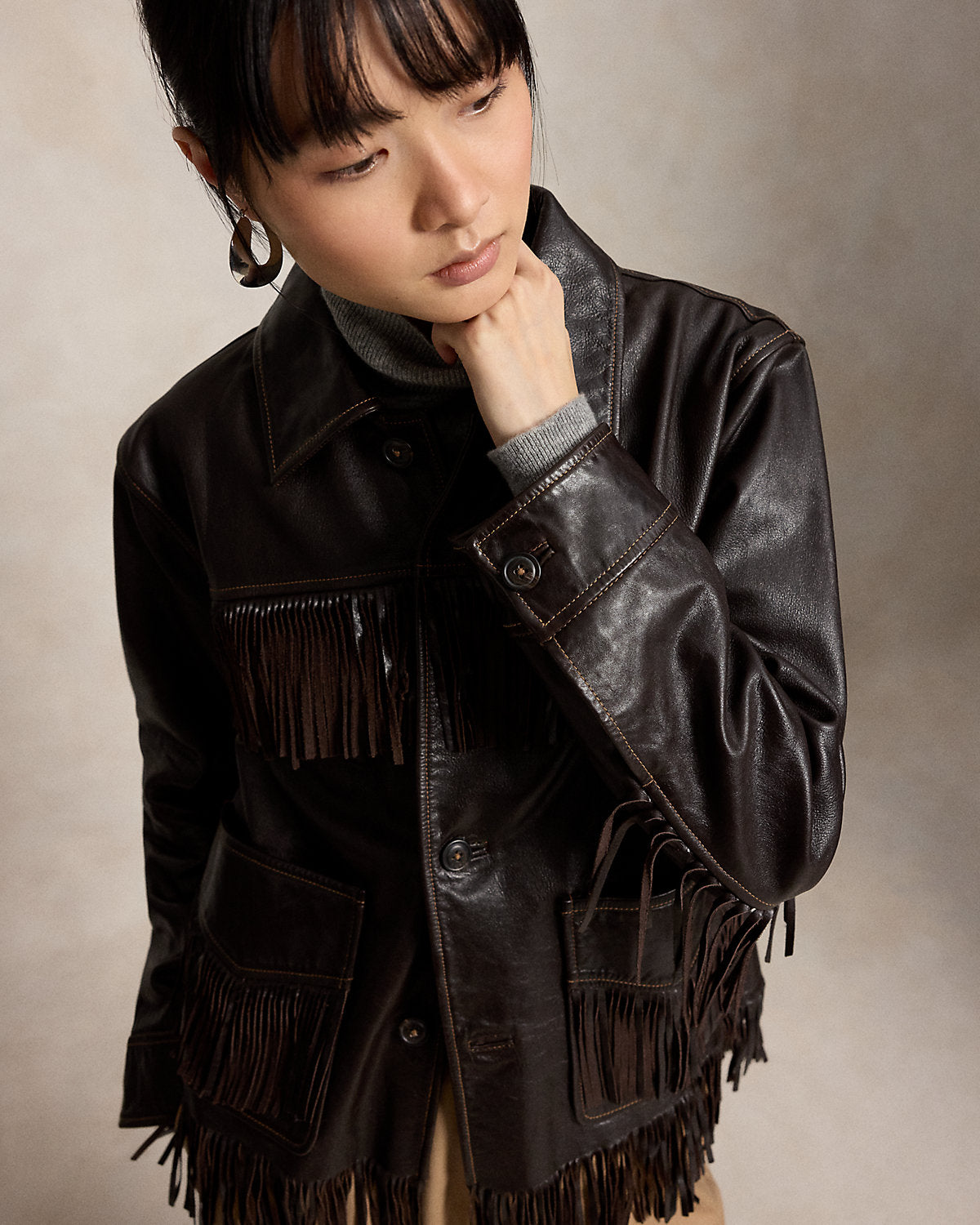 Fringe-Trim Leather Jacket