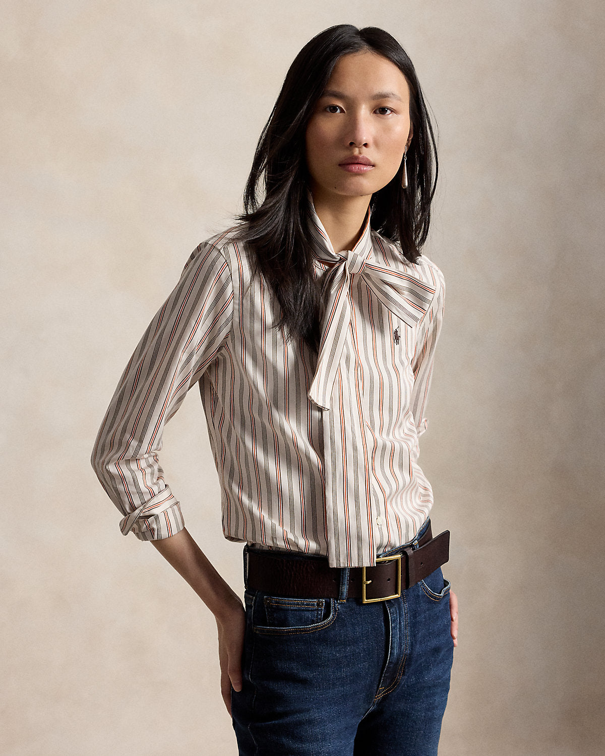 Slim Fit Striped Cotton Tie-Neck Shirt