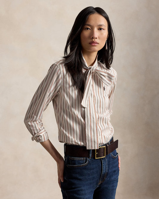 Slim Fit Striped Cotton Tie-Neck Shirt