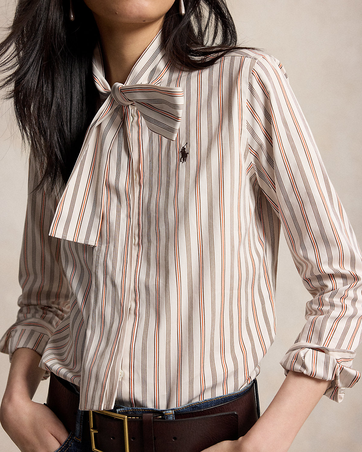 Slim Fit Striped Cotton Tie-Neck Shirt