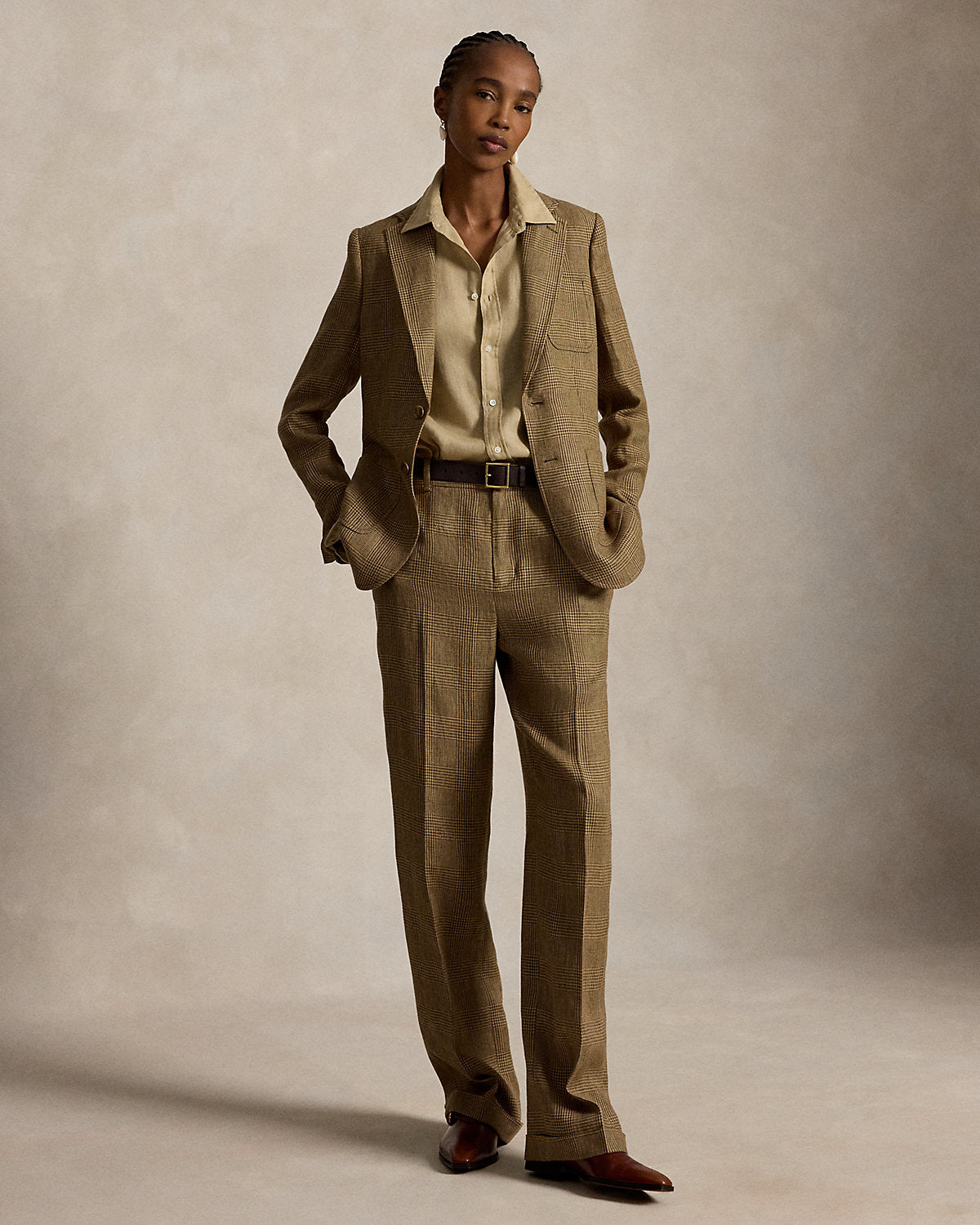 Single-Breasted Plaid Linen Tweed Blazer