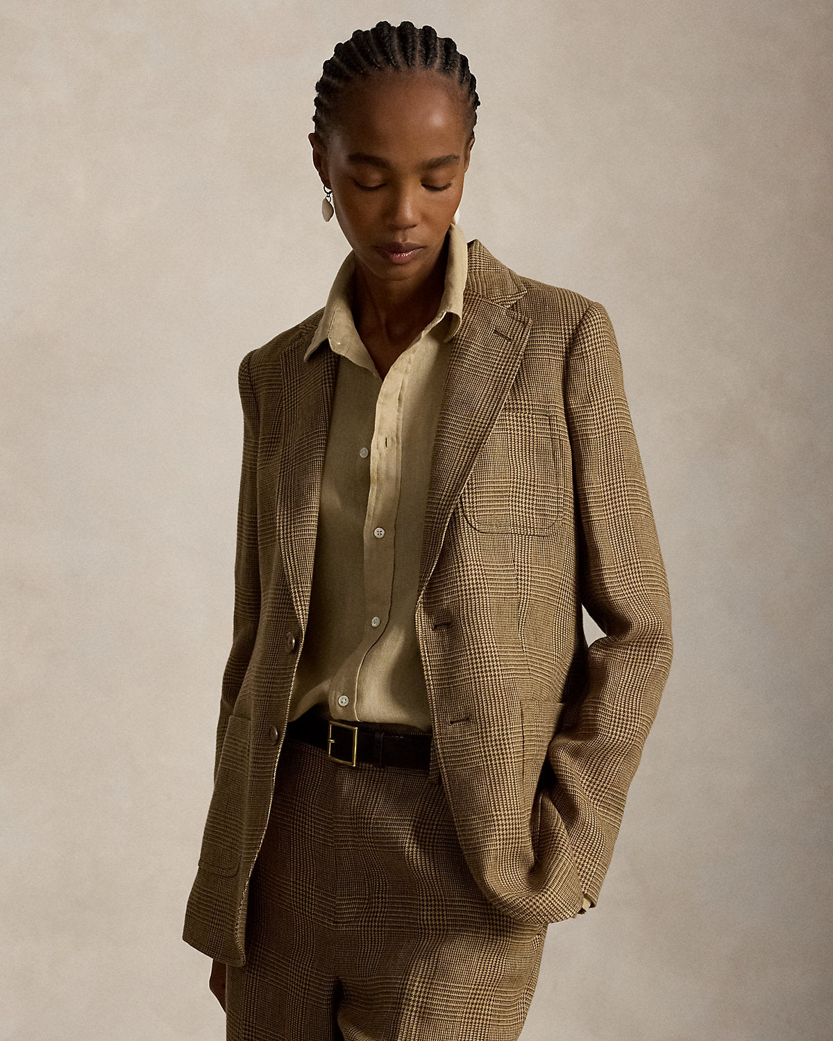 Single-Breasted Plaid Linen Tweed Blazer