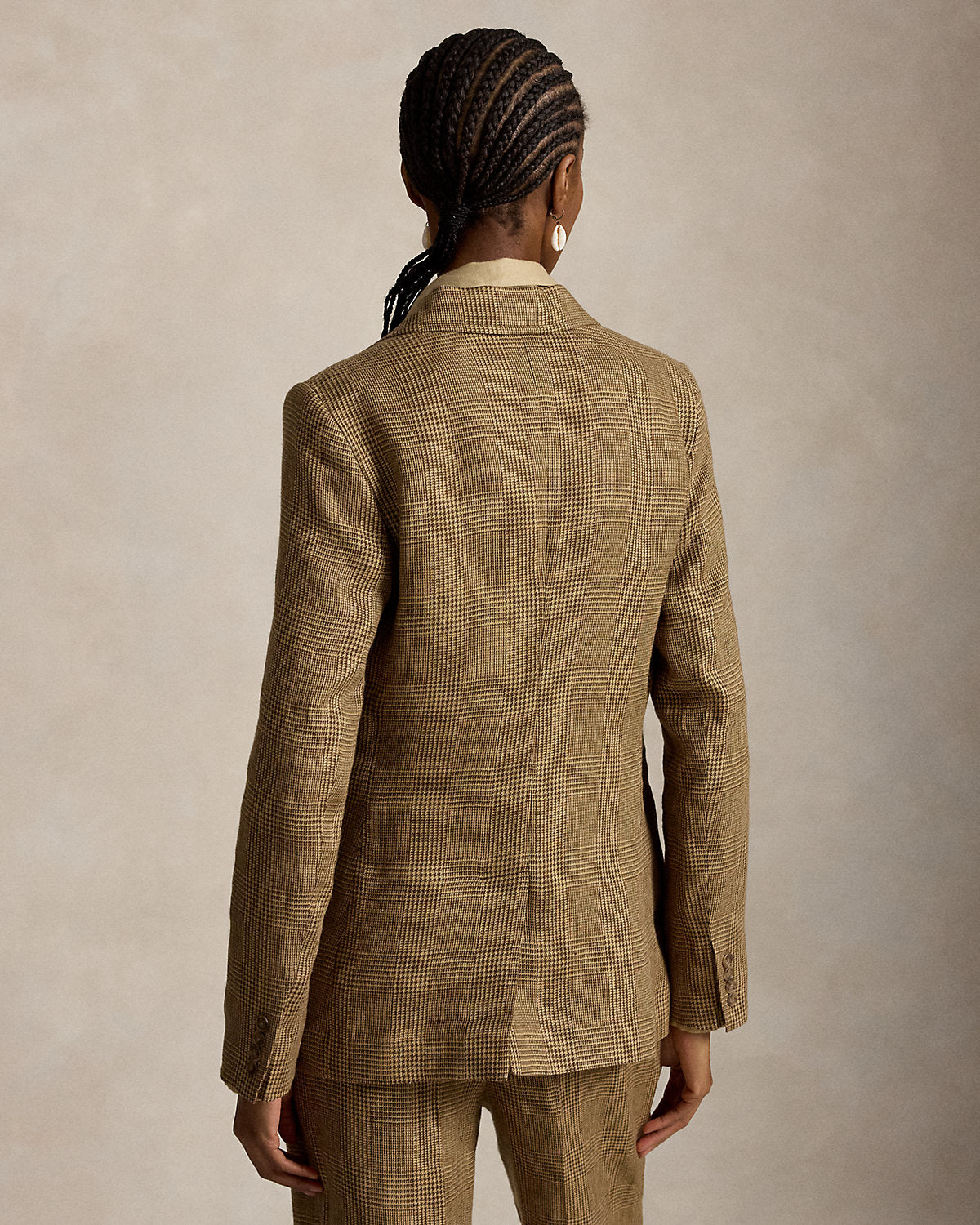 Single-Breasted Plaid Linen Tweed Blazer