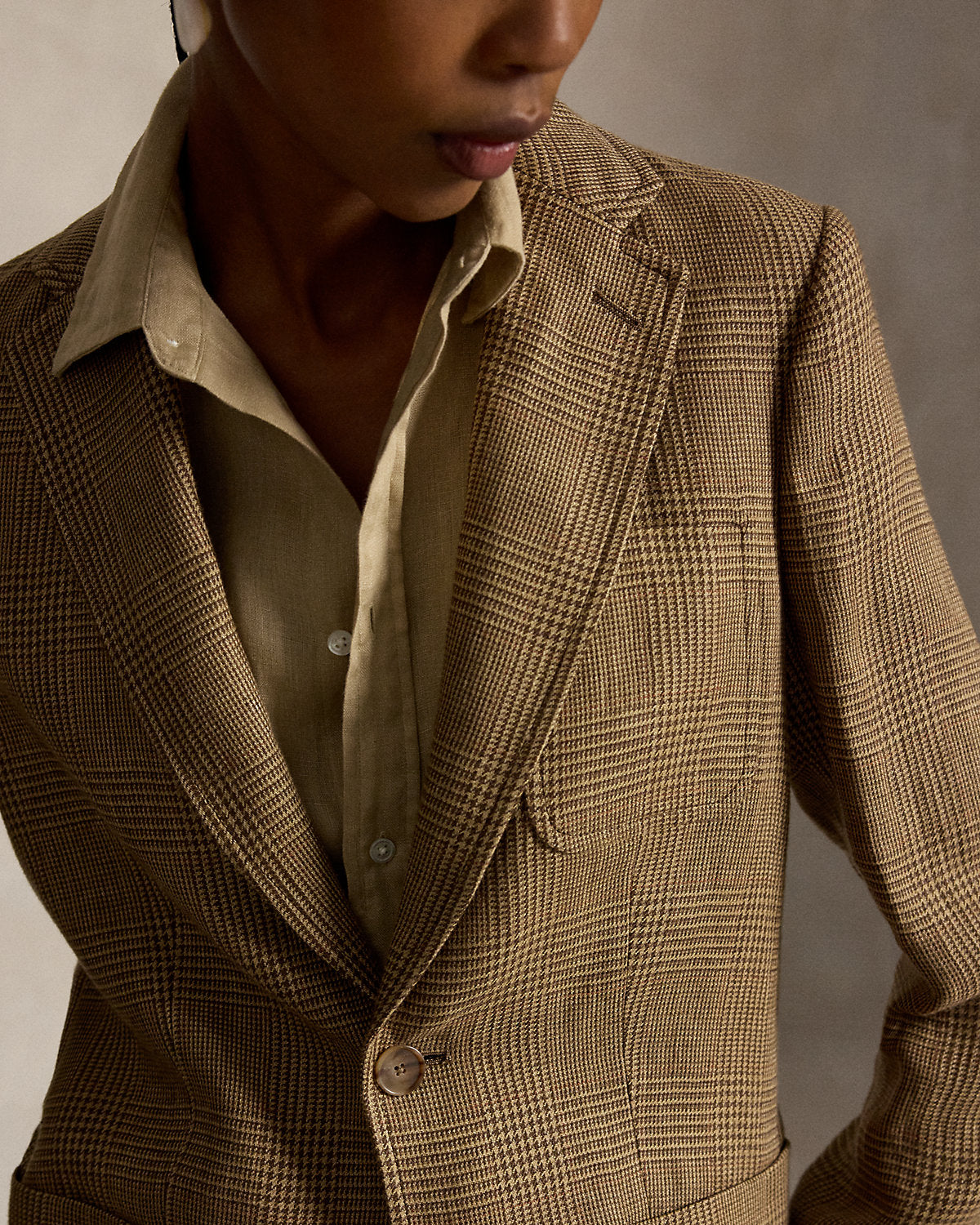 Single-Breasted Plaid Linen Tweed Blazer