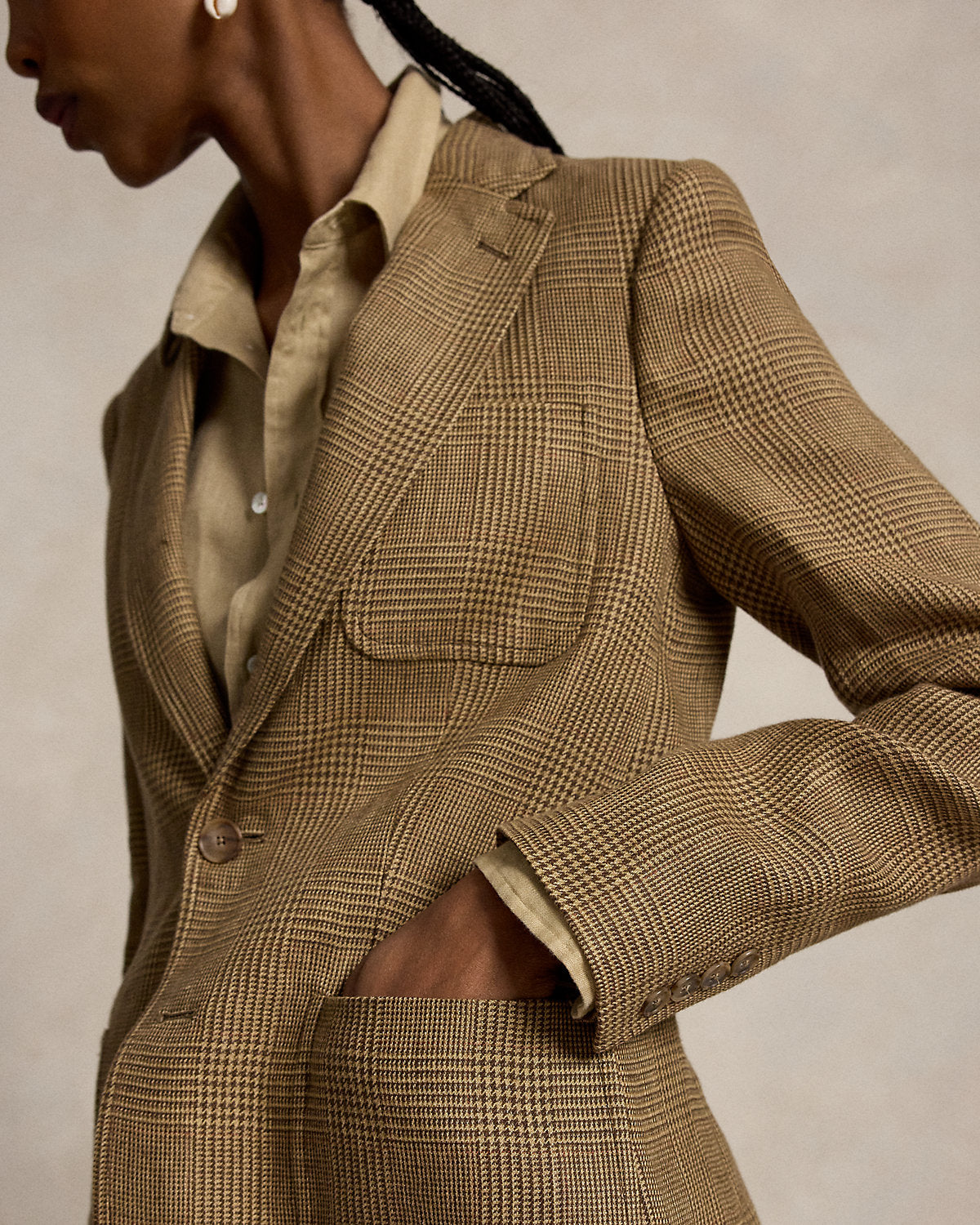 Single-Breasted Plaid Linen Tweed Blazer