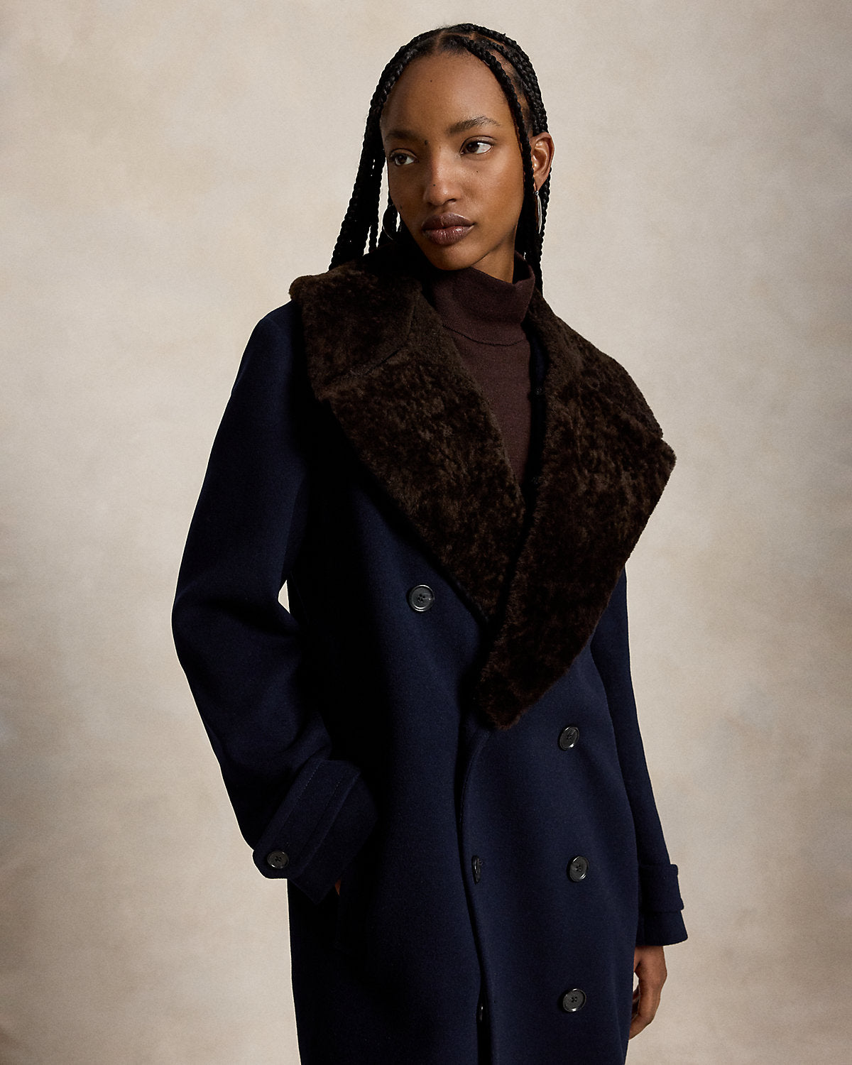 Shearling-Collar Wool Melton Peacoat