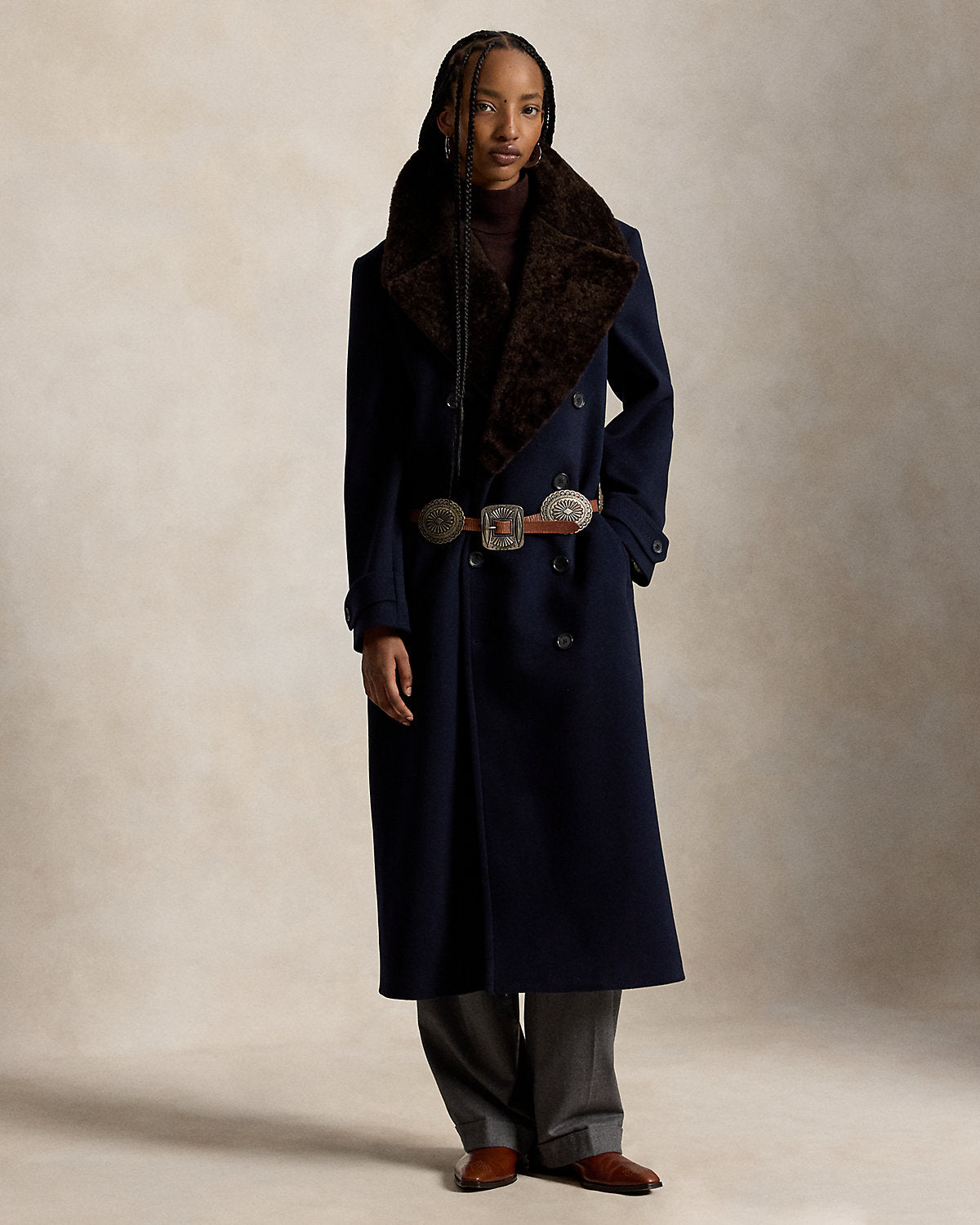 Shearling-Collar Wool Melton Peacoat