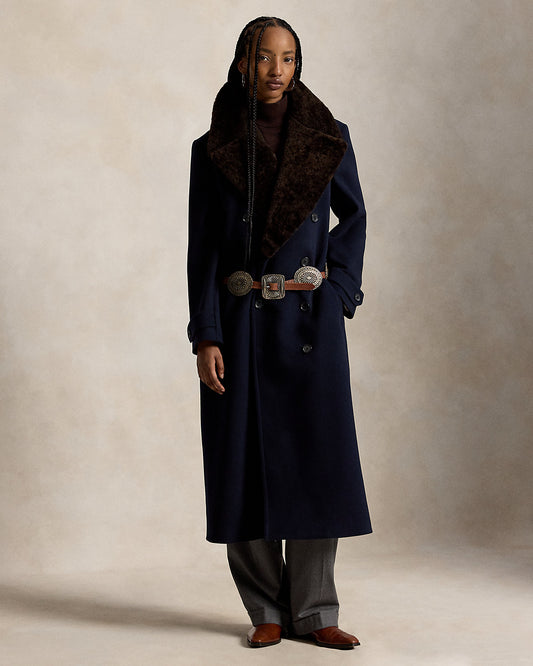Shearling-Collar Wool Melton Peacoat