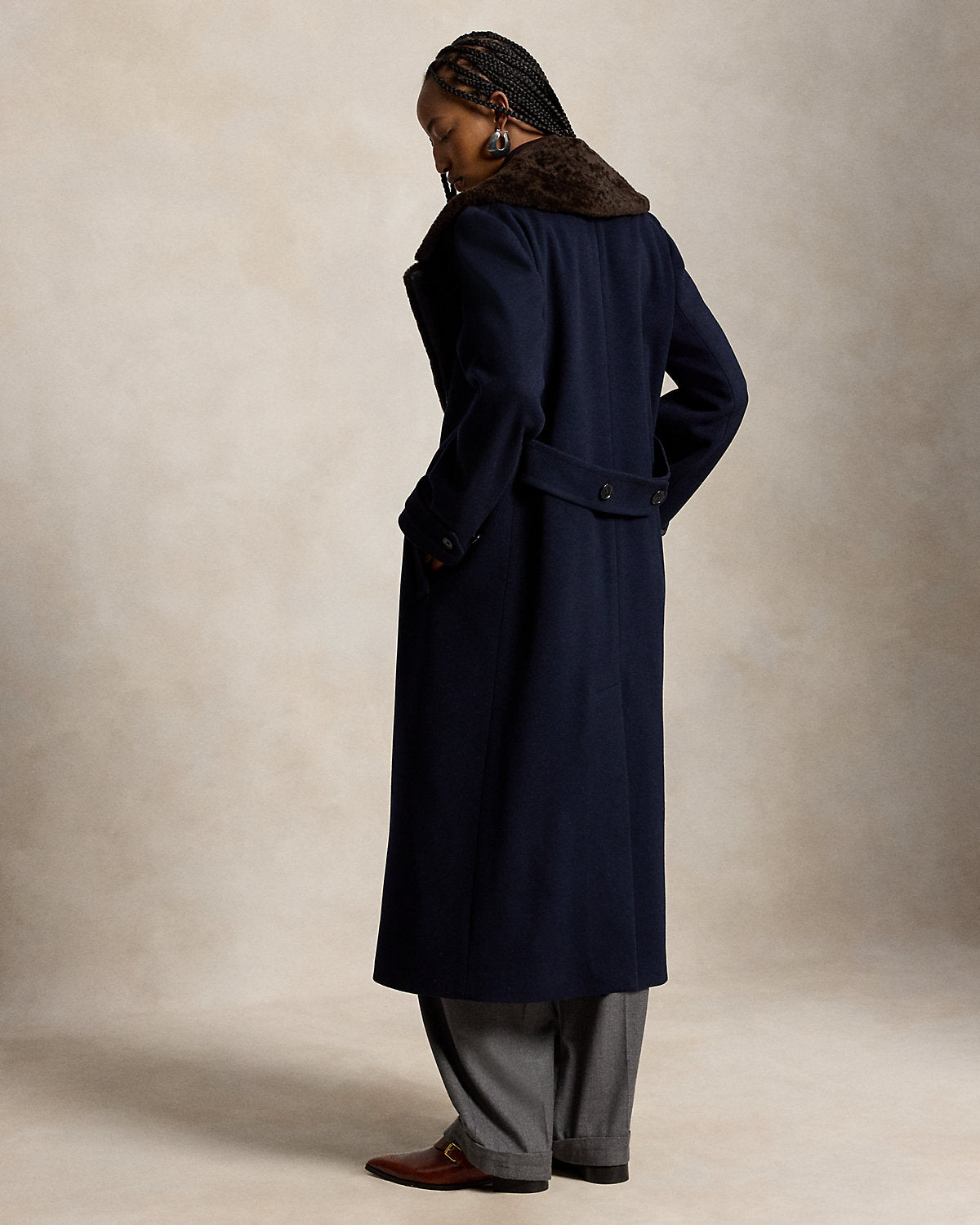 Shearling-Collar Wool Melton Peacoat