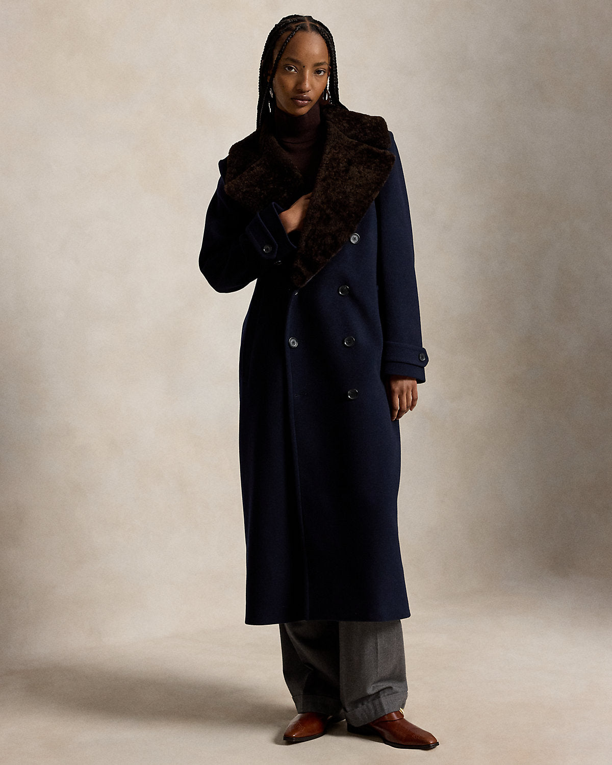 Shearling-Collar Wool Melton Peacoat