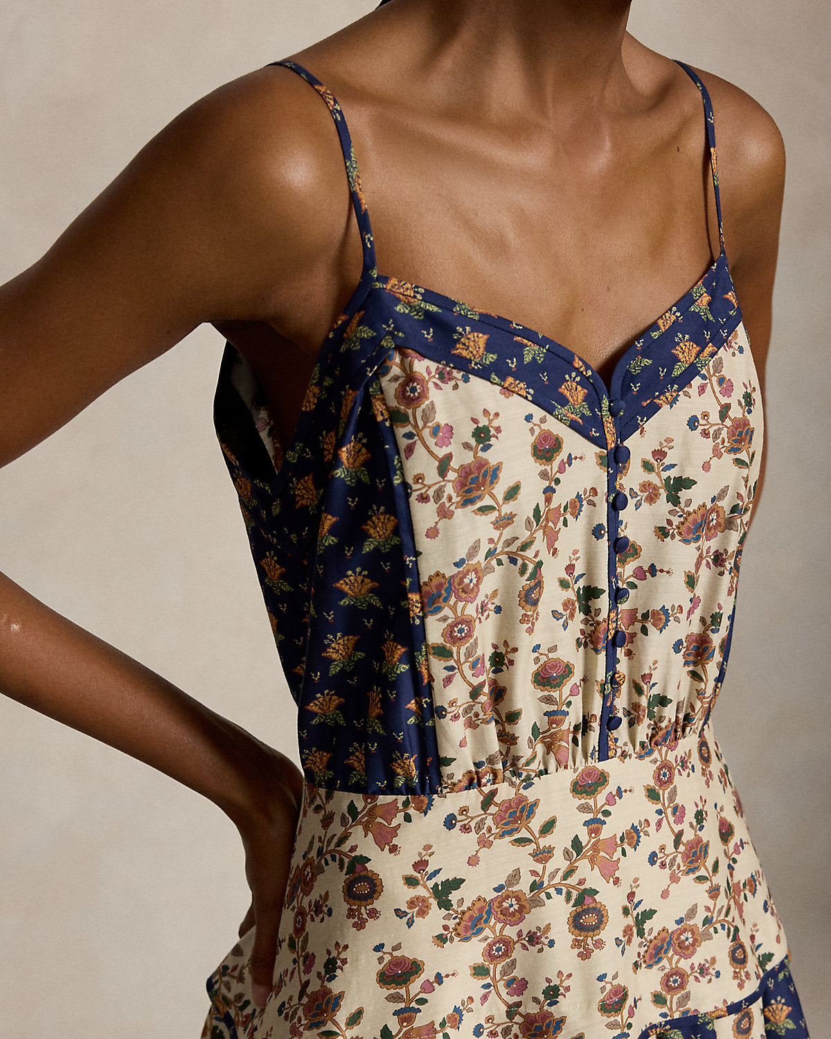Sleeveless Mixed-Print Paneled Dress