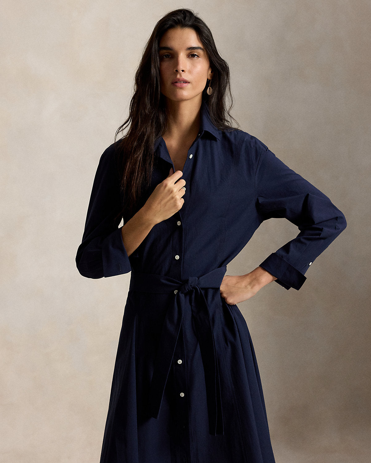 Cotton Canvas Tie-Waist Shirtdress