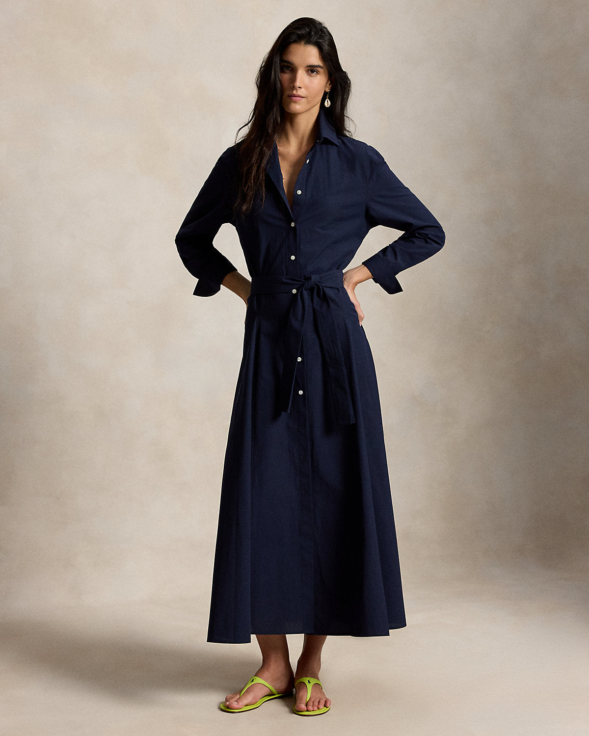 Cotton Canvas Tie-Waist Shirtdress