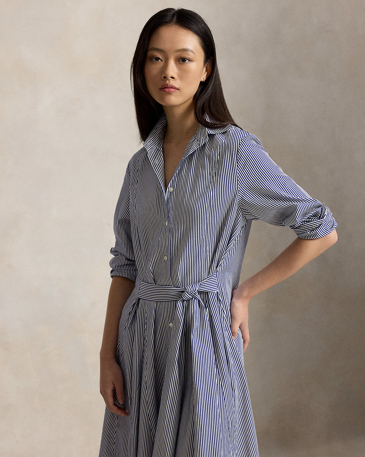 Striped Cotton Tie-Waist Shirtdress