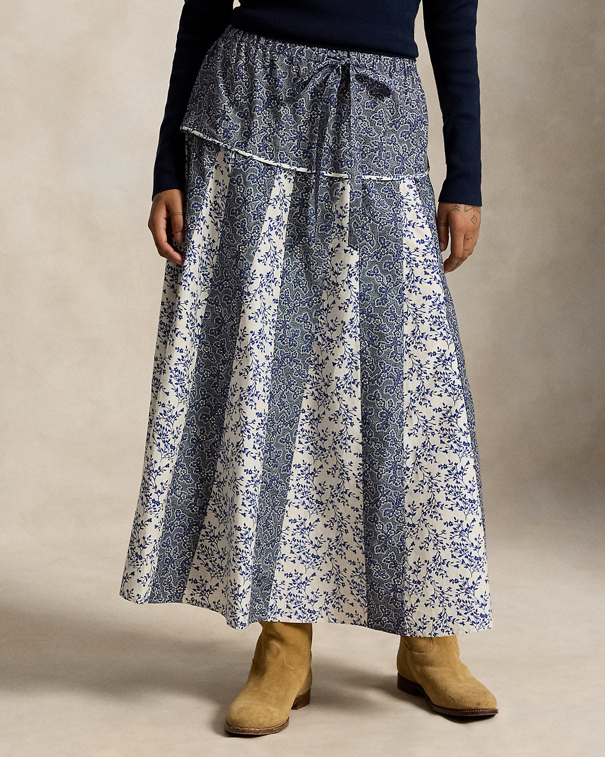 Floral-Cotton Silk A-Line Skirt