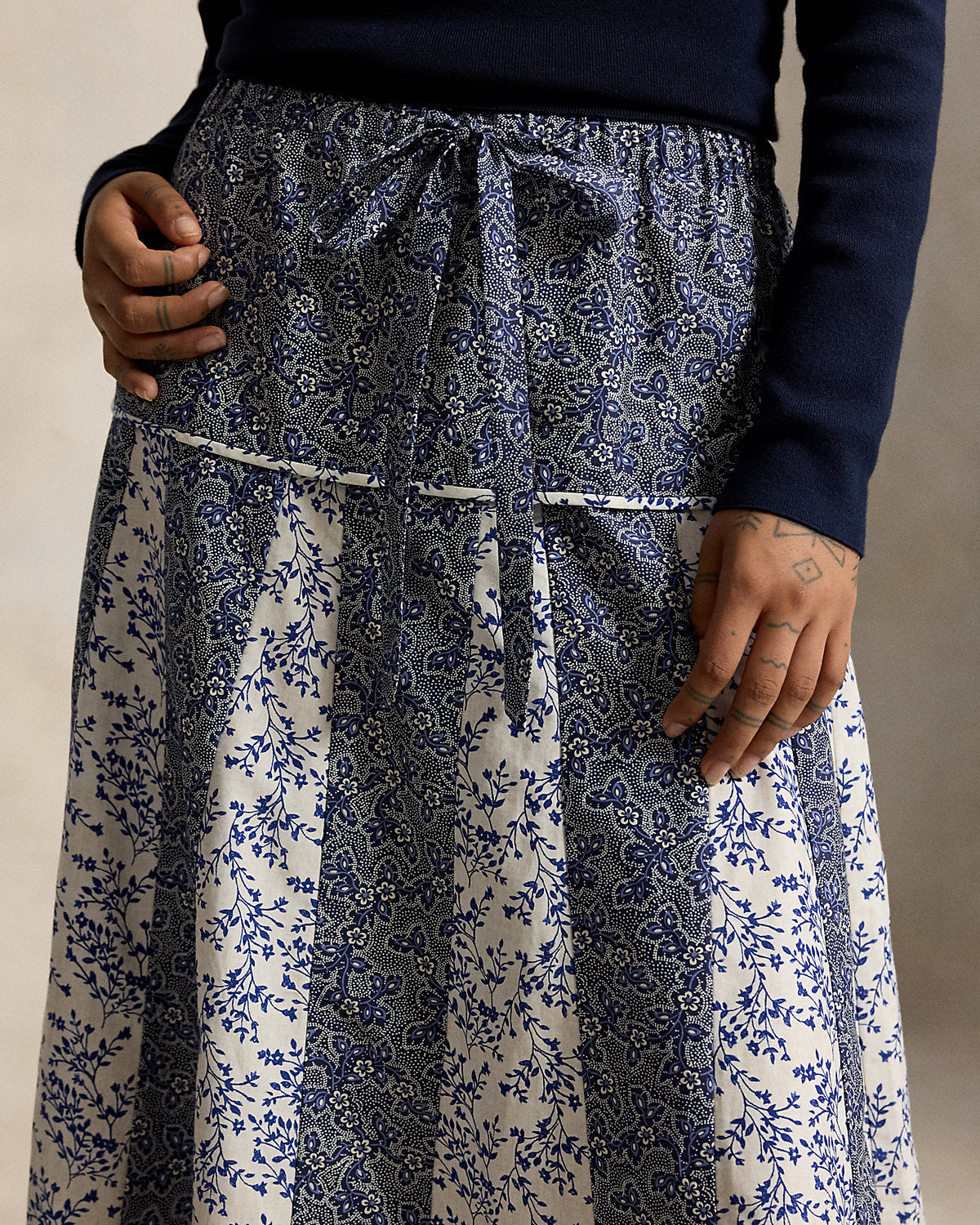 Floral-Cotton Silk A-Line Skirt