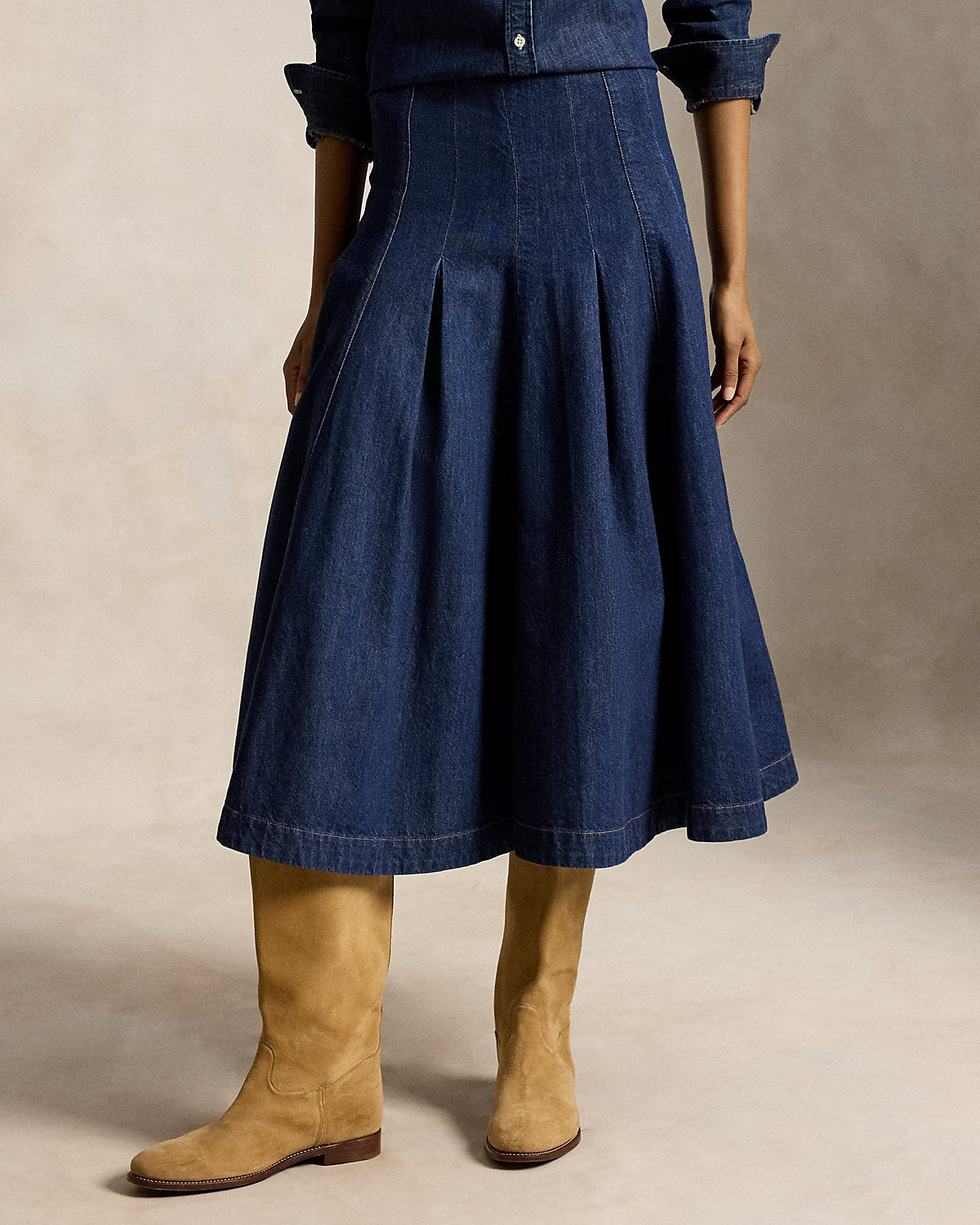 Pleated Denim Midi Skirt