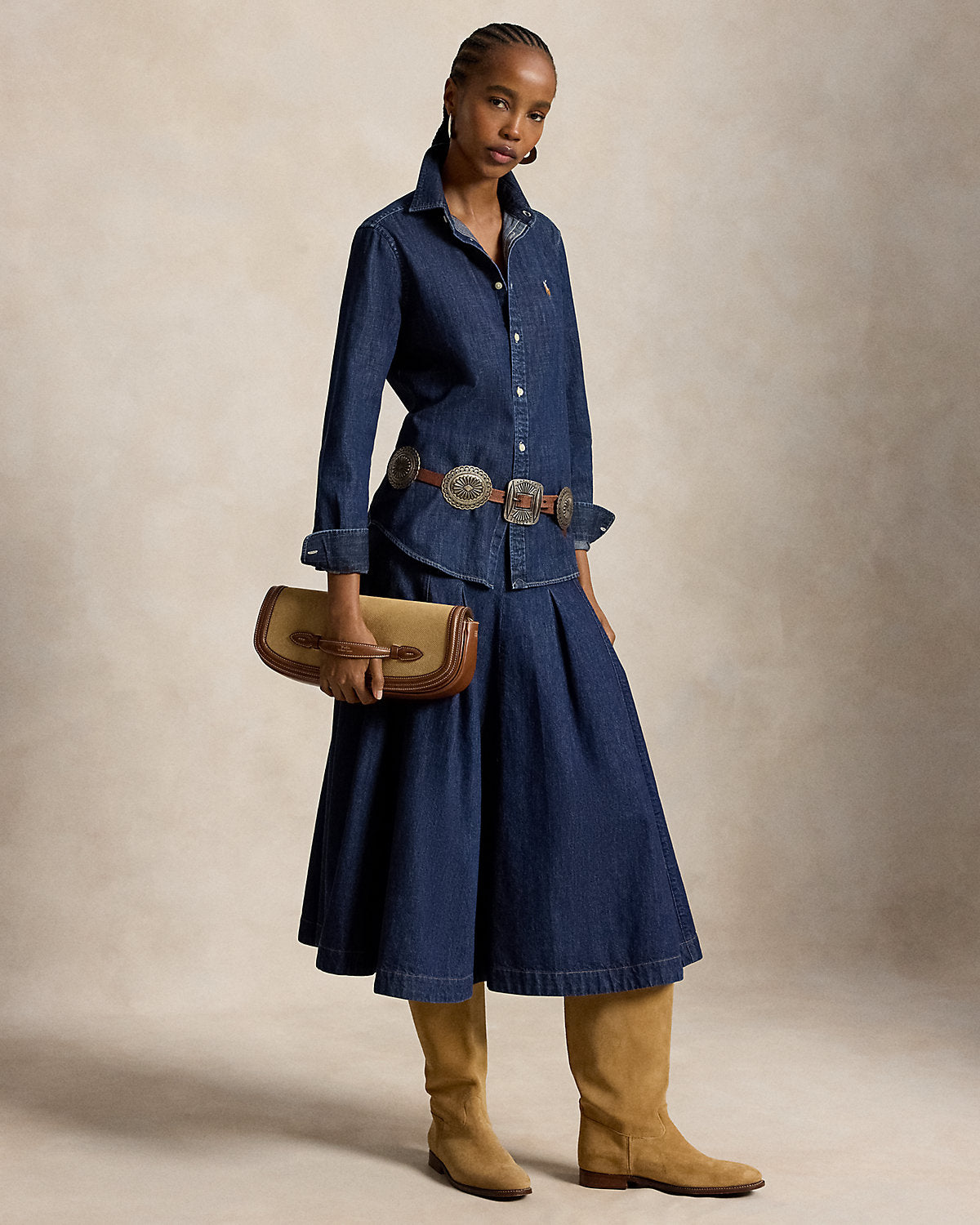 Pleated Denim Midi Skirt