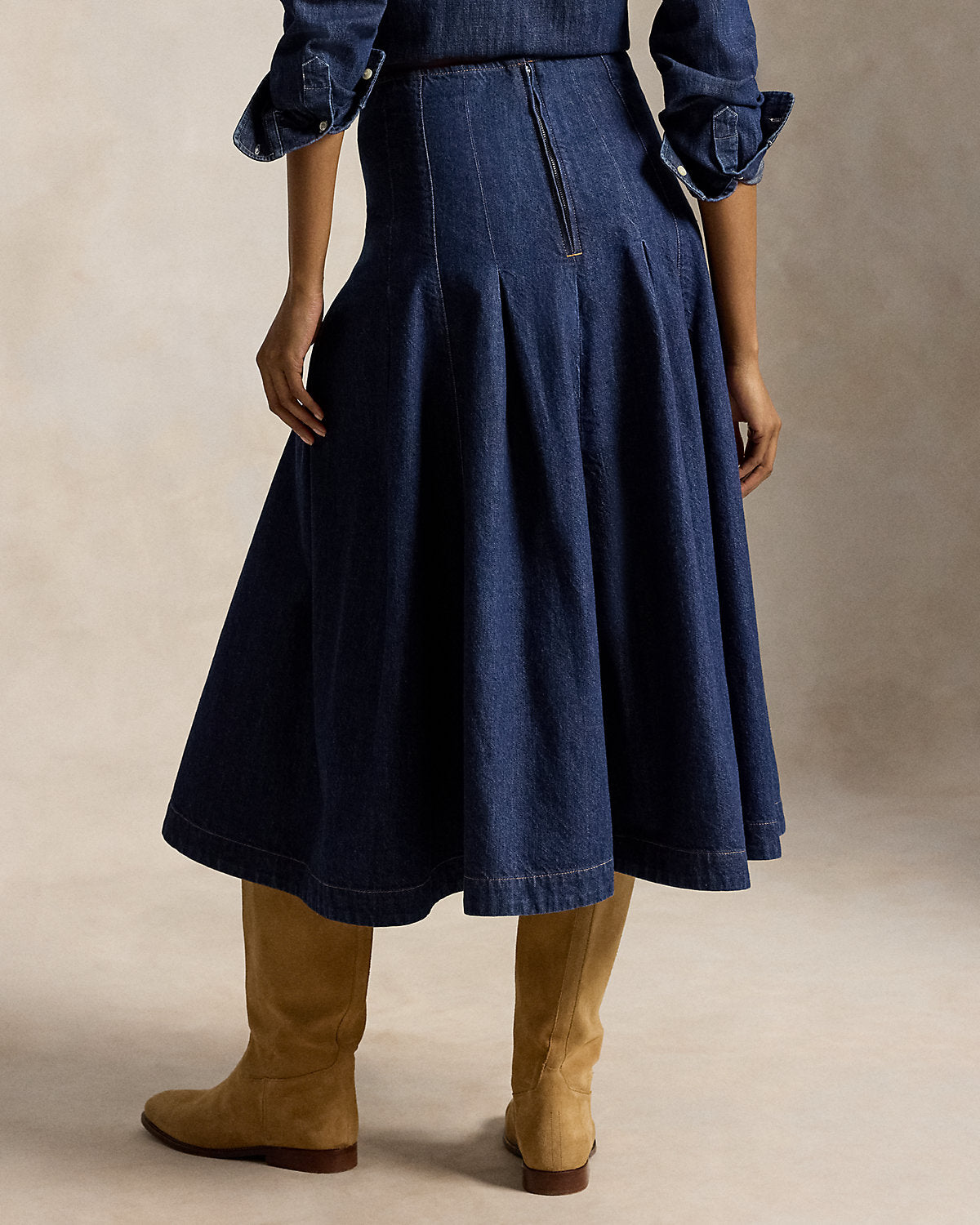 Pleated Denim Midi Skirt