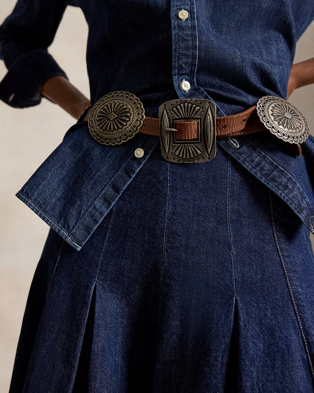 Pleated Denim Midi Skirt