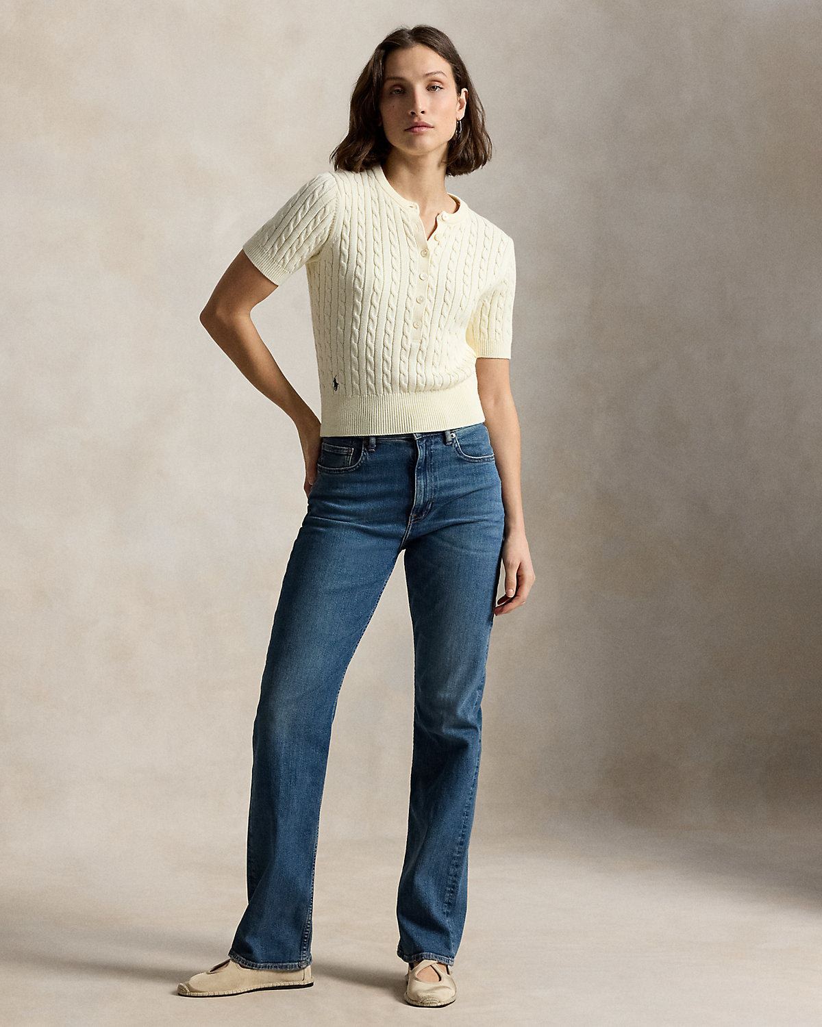 Mini-Cable Short-Sleeve Henley Sweater