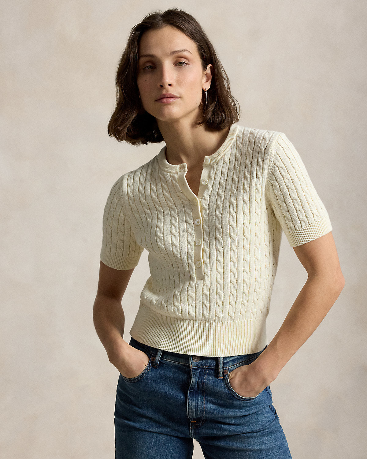 Mini-Cable Short-Sleeve Henley Sweater