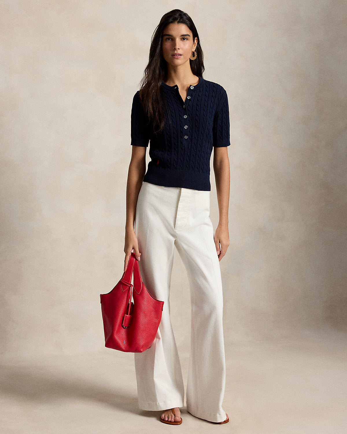Mini-Cable Short-Sleeve Henley Sweater