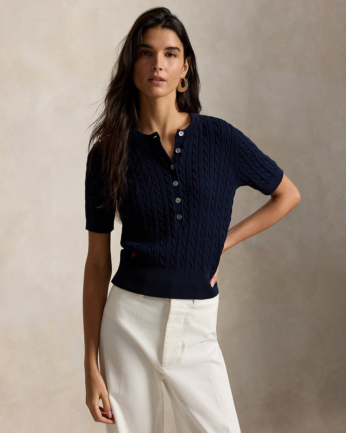 Mini-Cable Short-Sleeve Henley Sweater