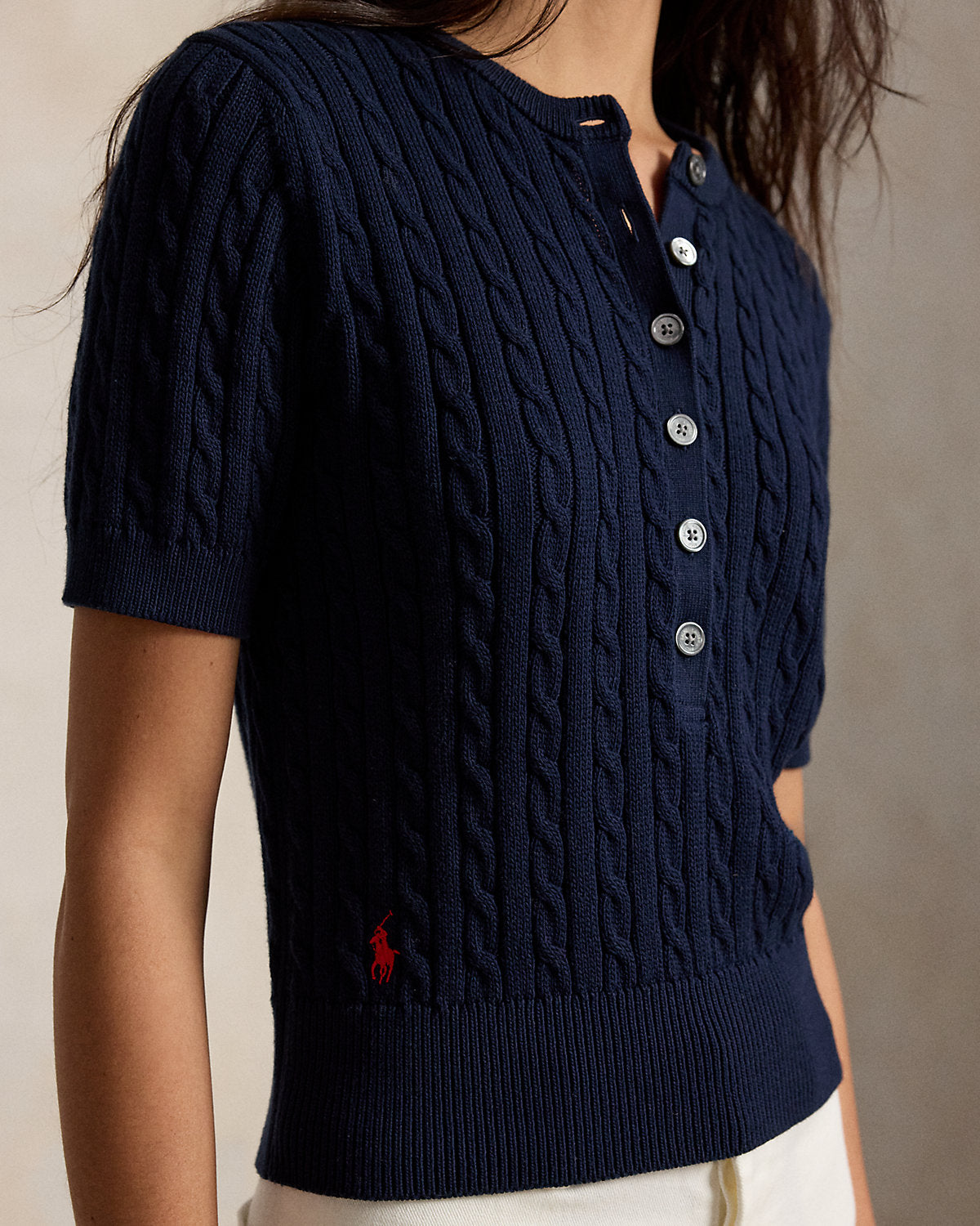 Mini-Cable Short-Sleeve Henley Sweater