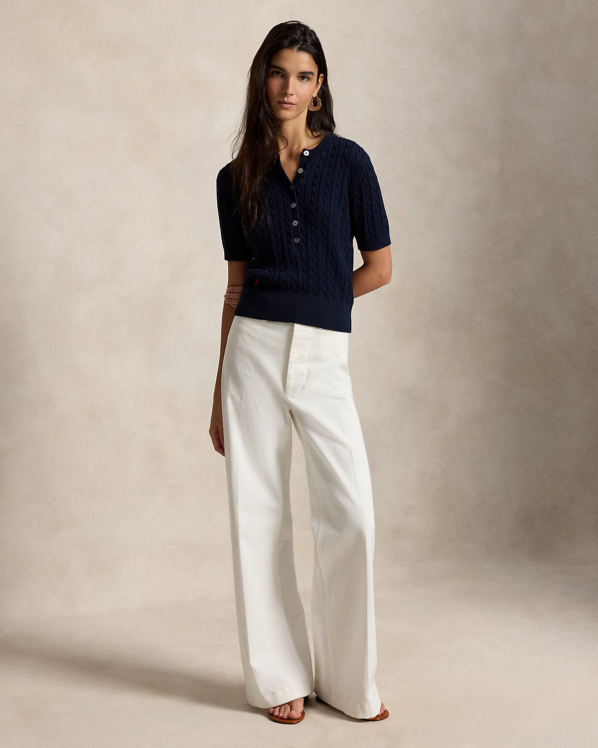Mini-Cable Short-Sleeve Henley Sweater