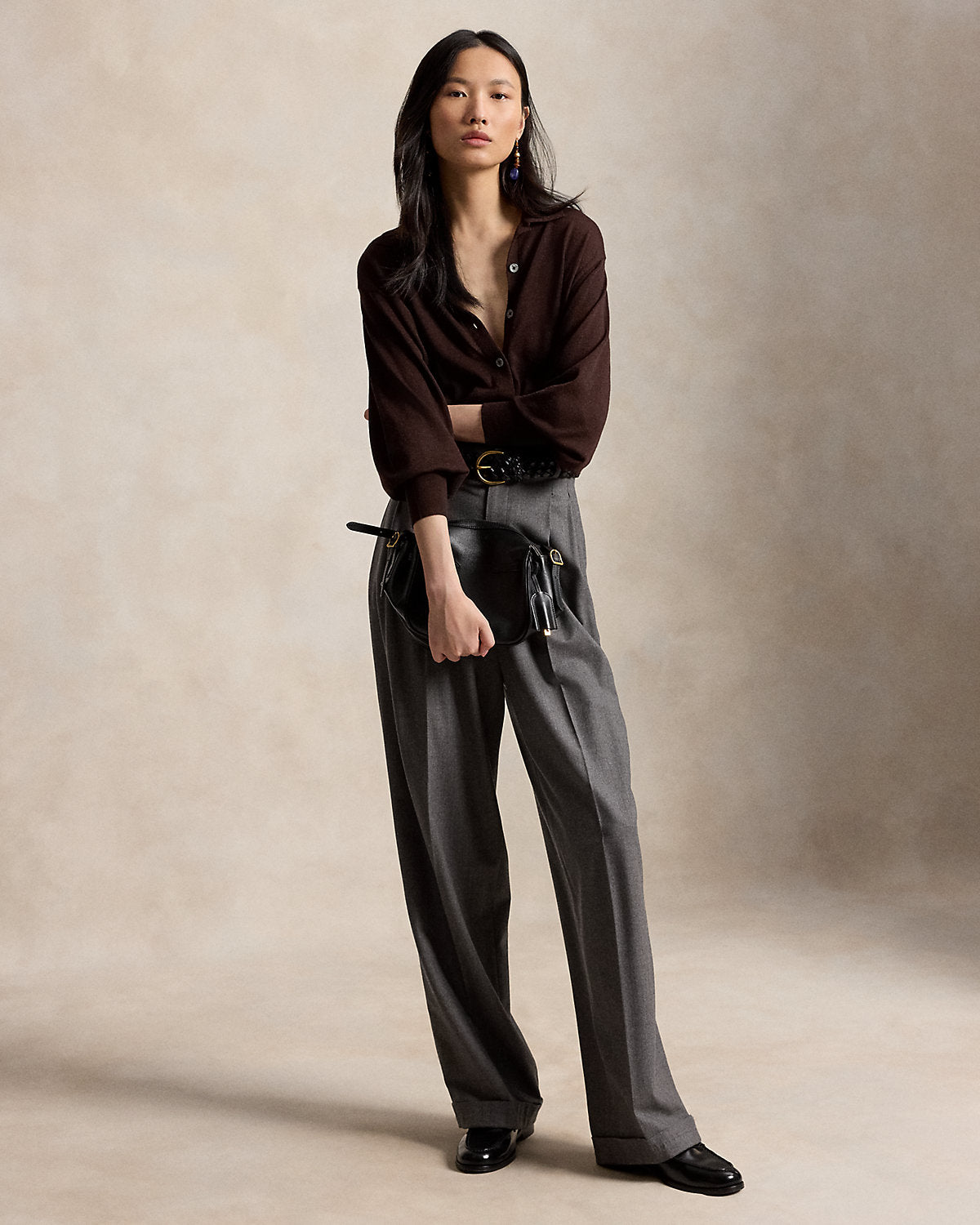 Polo-Collar Wool Blouson Cardigan