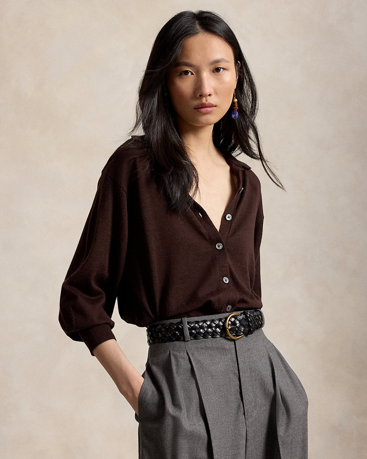 Polo-Collar Wool Blouson Cardigan