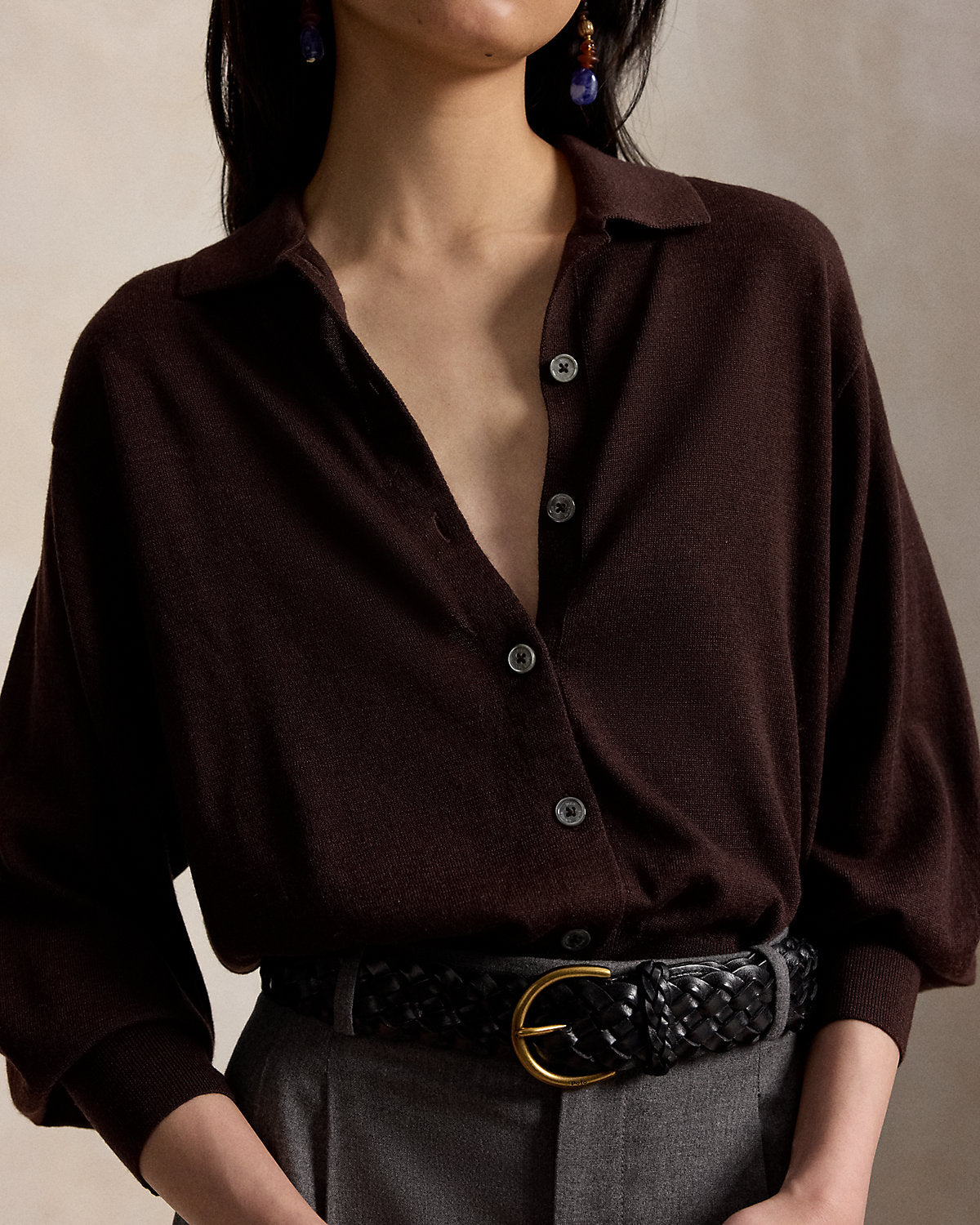 Polo-Collar Wool Blouson Cardigan