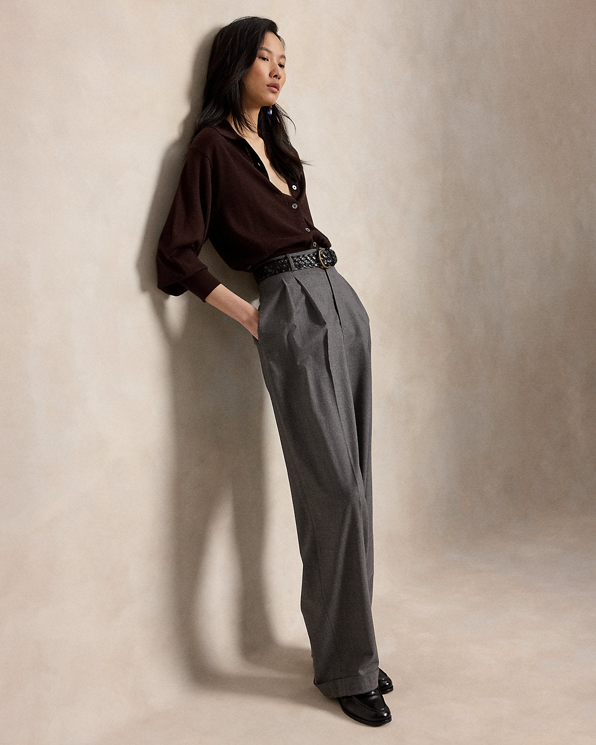Polo-Collar Wool Blouson Cardigan